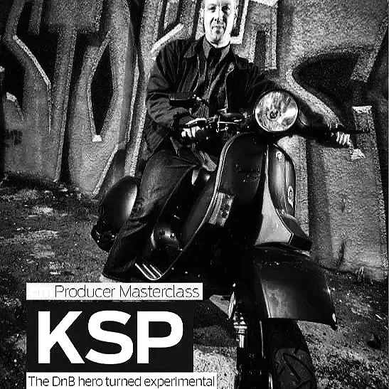 A man in dark clothing sitting on a scooter in front of a graffiti-covered wall, with text overlay indicating a Masterclass for producers by KSP, a DnB hero turned experimental artist.