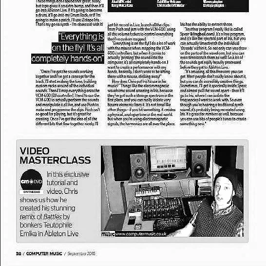 A black and white part of a magazine page featuring a video masterclass by Chris, showcasing a studio with audio equipment and a person seated at a desk.