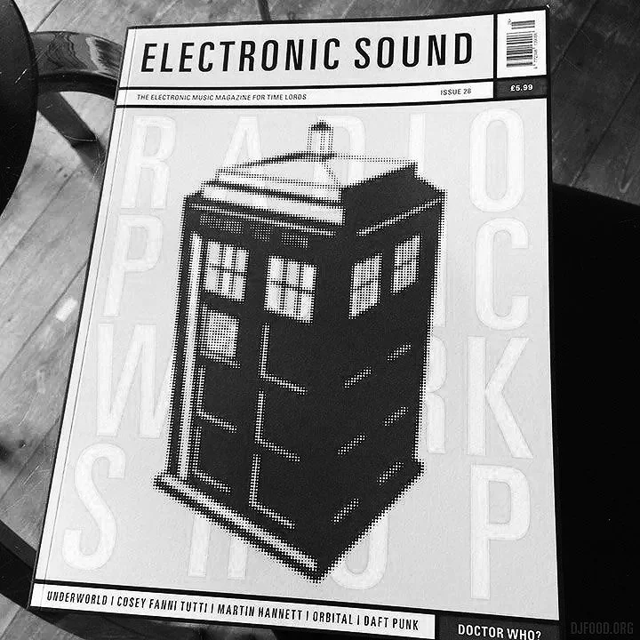 Cover of Electronic Sound magazine, Issue 28, priced at £6.99, featuring pixel art of a TARDIS from Doctor Who, with a list of electronic musicians at the bottom.