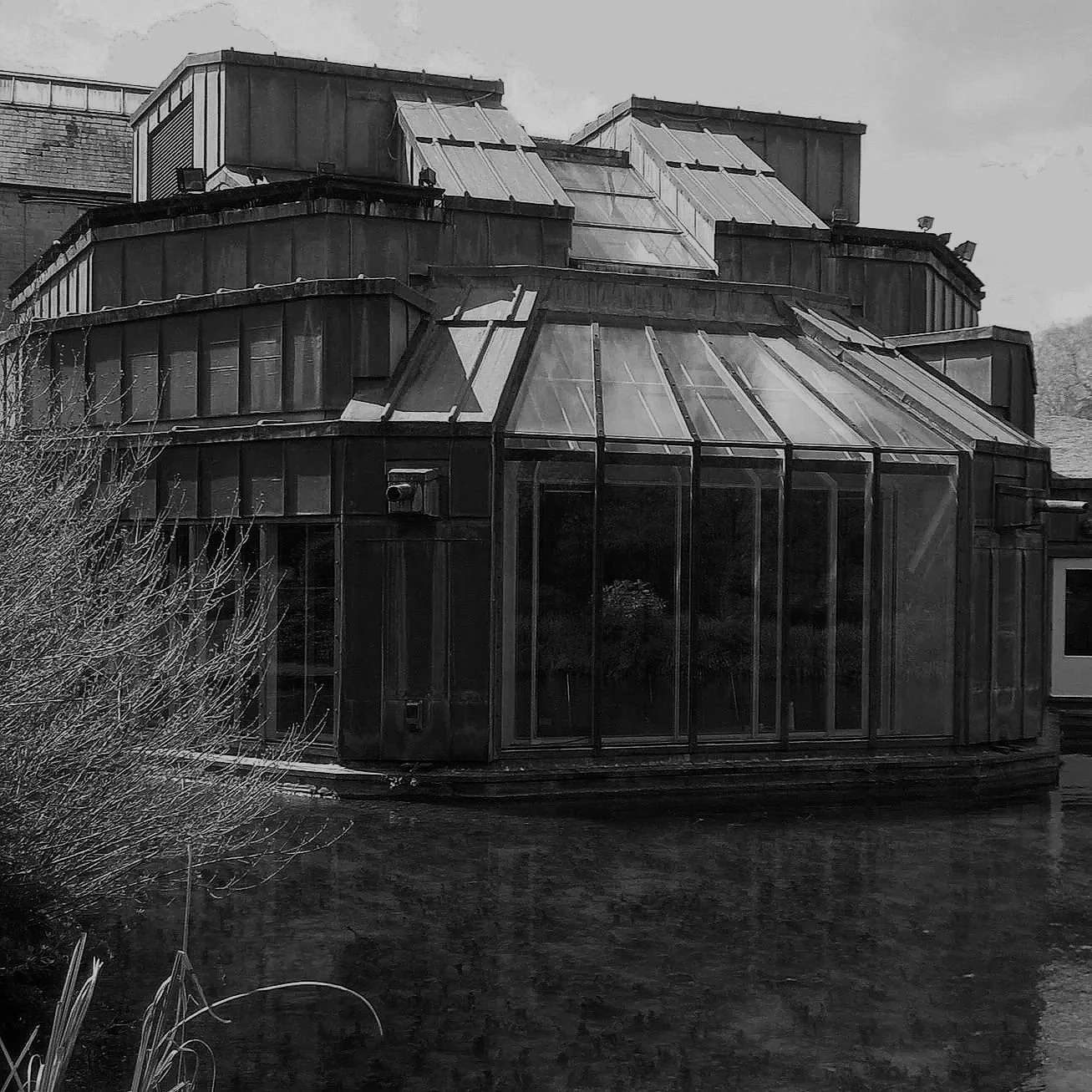 A large, multi-level building with many glass windows and roof sections, resembling a greenhouse or conservatory, is situated beside a pond with sparse vegetation in the foreground.