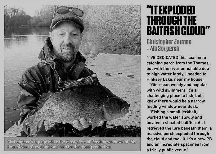 Black and white photo of a man holding a large fish with text about fishing and a quote from Christopher Jarman.
