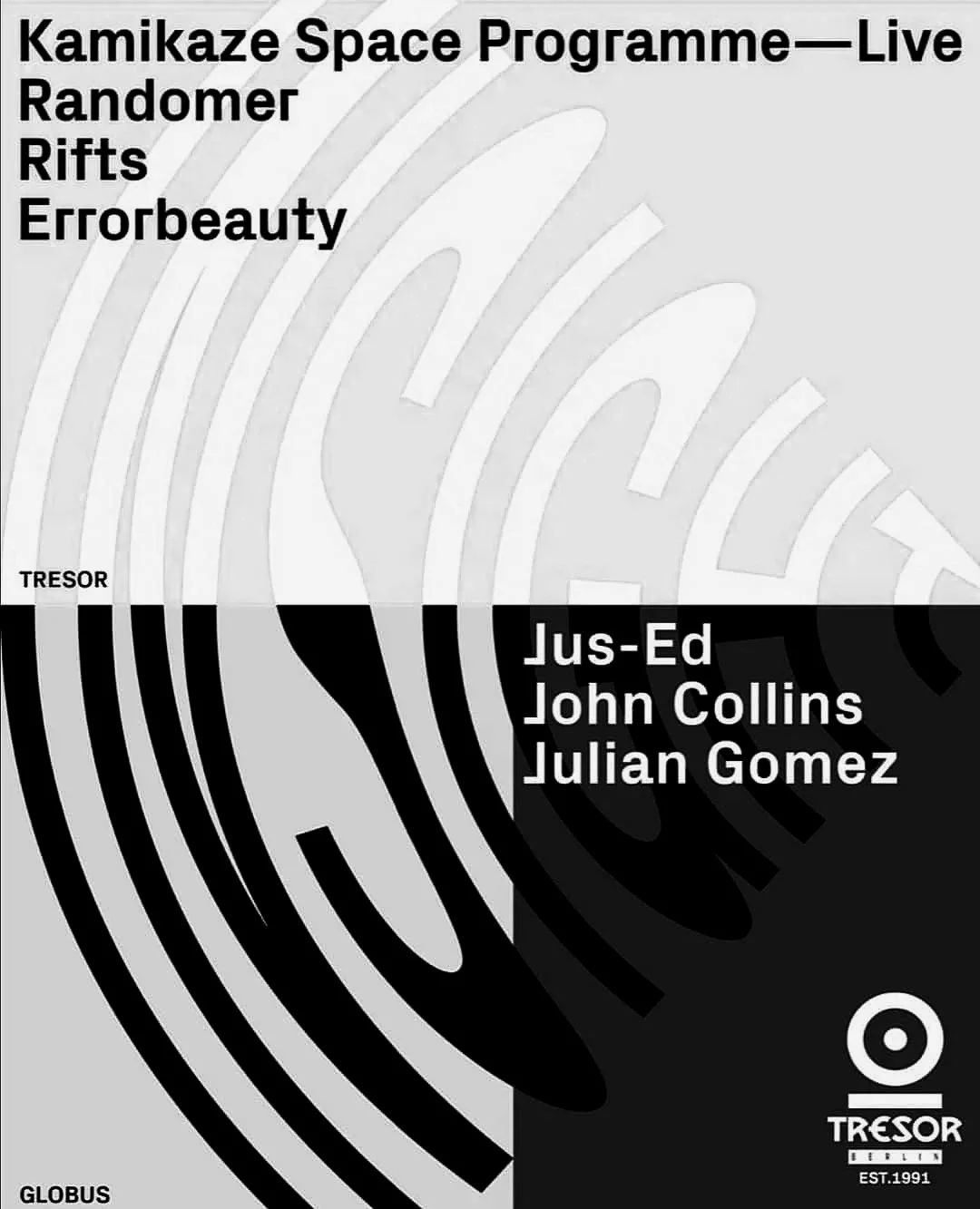 Book cover titled 'Kamikaze Space Programme—Live Randermer Rifts Errorbeauty' by Just-Ed, John Collins, and Julian Gomez, published by TRESOR, Berlin, EST.1991, with black and white abstract circular pattern background.