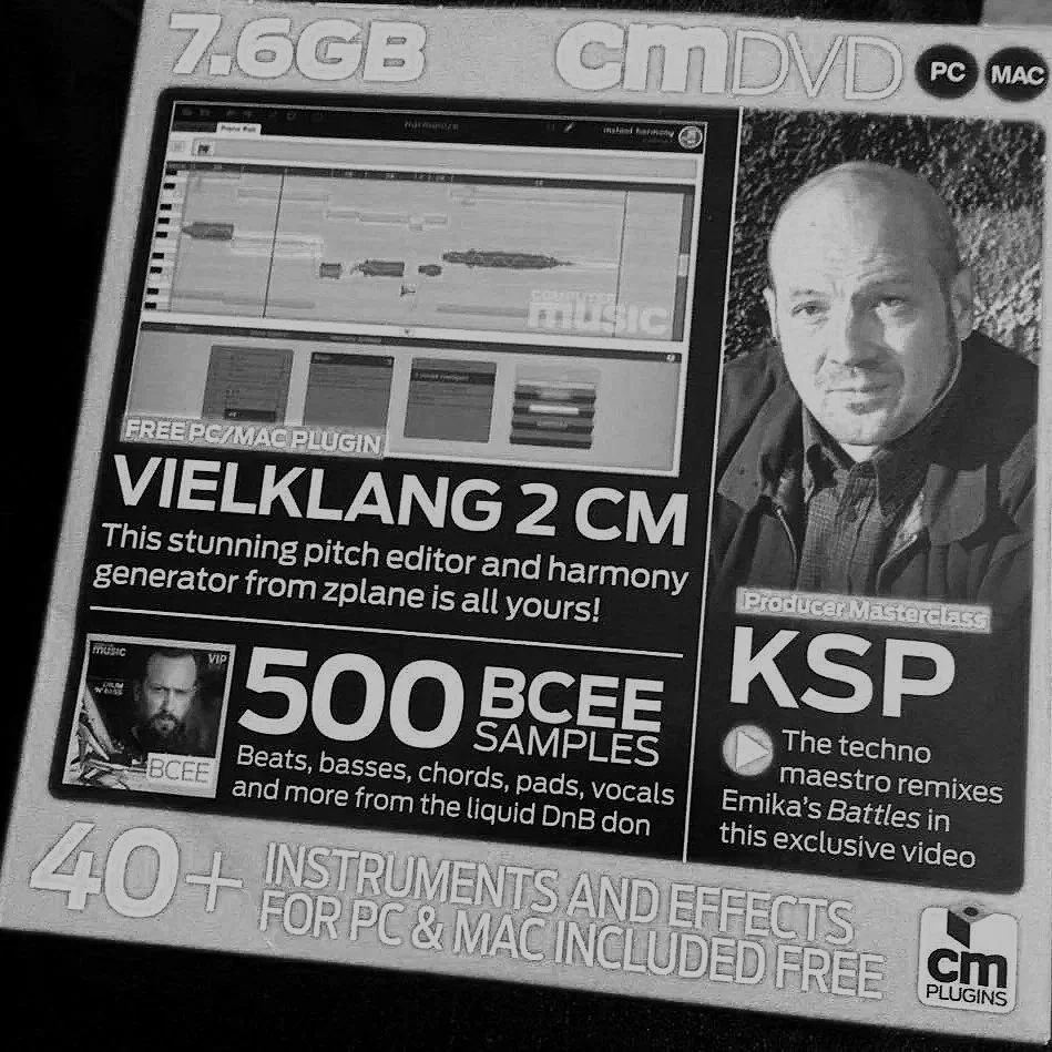 A music production software package titled 'VIELKLANG 2 CM' showing a computer screen with a digital audio workstation, and promotional text about sound samples, plugins, and remixes. It features a person's portrait and includes details about instrument and effects plugins for PC and Mac.