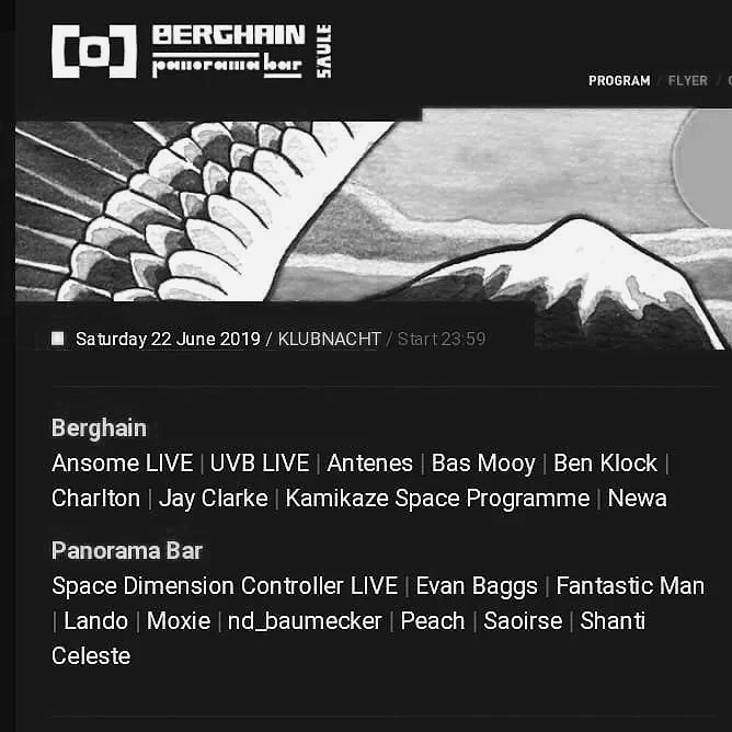 Webpage promoting Berghain nightclub event on June 22, 2019, featuring live music and performance acts, with a mountain and Japanese-style wave illustration in the background.