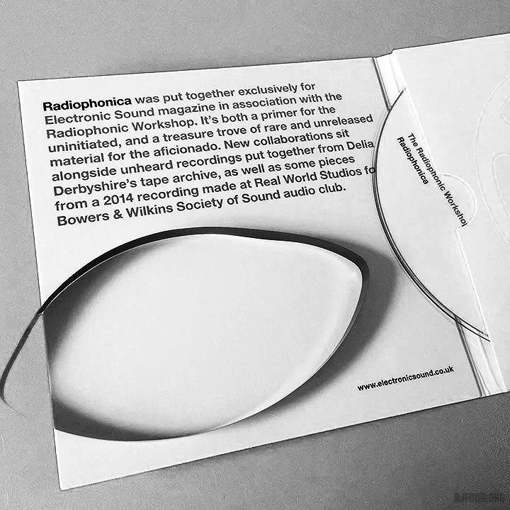 Black and white photo of a booklet page about Radiophonica, featuring a curved oval-shaped object resembling a record or a disc.