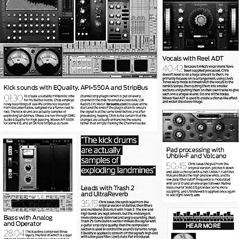 Collection of audio equipment including mixing consoles, drum pads, and sound level meters, along with descriptions of their features.