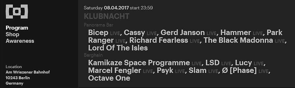 Event poster for a nightclub with live music and DJ performances, including Bicep, Cassy, Gerd Janson, Hammer, Park Ranger, and others, scheduled for Saturday, August 4th, 2017, at Am Wriezener Bahnhof in Berlin, Germany.