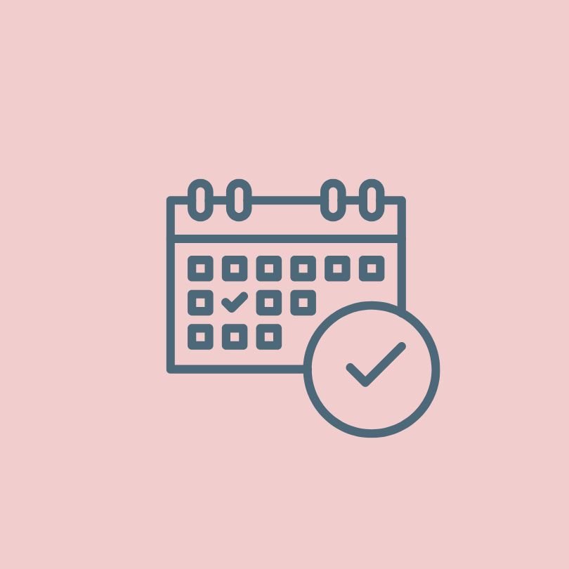 Icon of a calendar with a checkmark, indicating a scheduled or completed date, on a light pink background.
