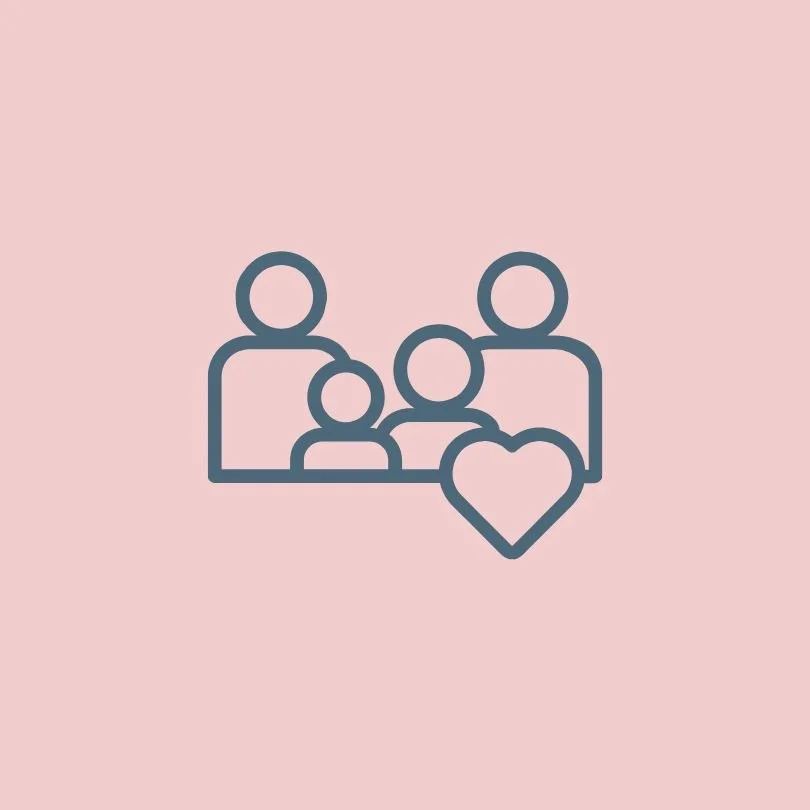 Minimalist illustration of a family with a heart symbol, on a pink background.