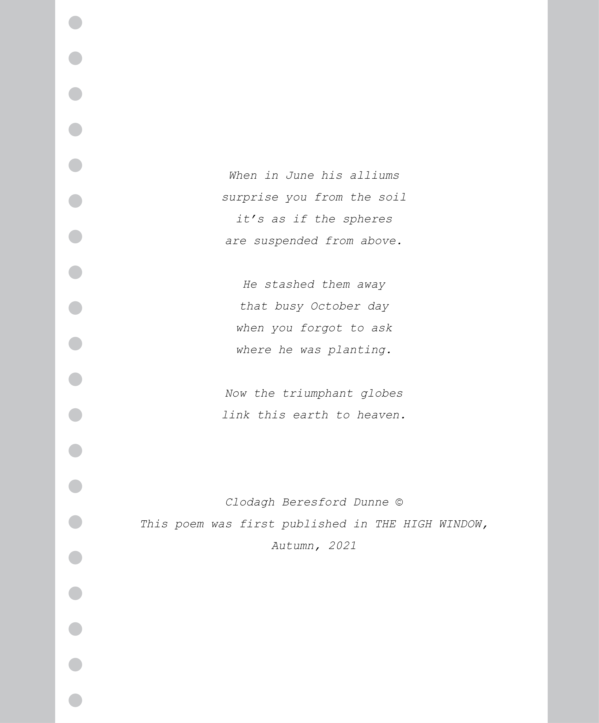 The Bulbs He Planted poem by Clodagh Beresford Dunne, a tender reflection on grief, remembrance and a father’s flowers returning after his death.