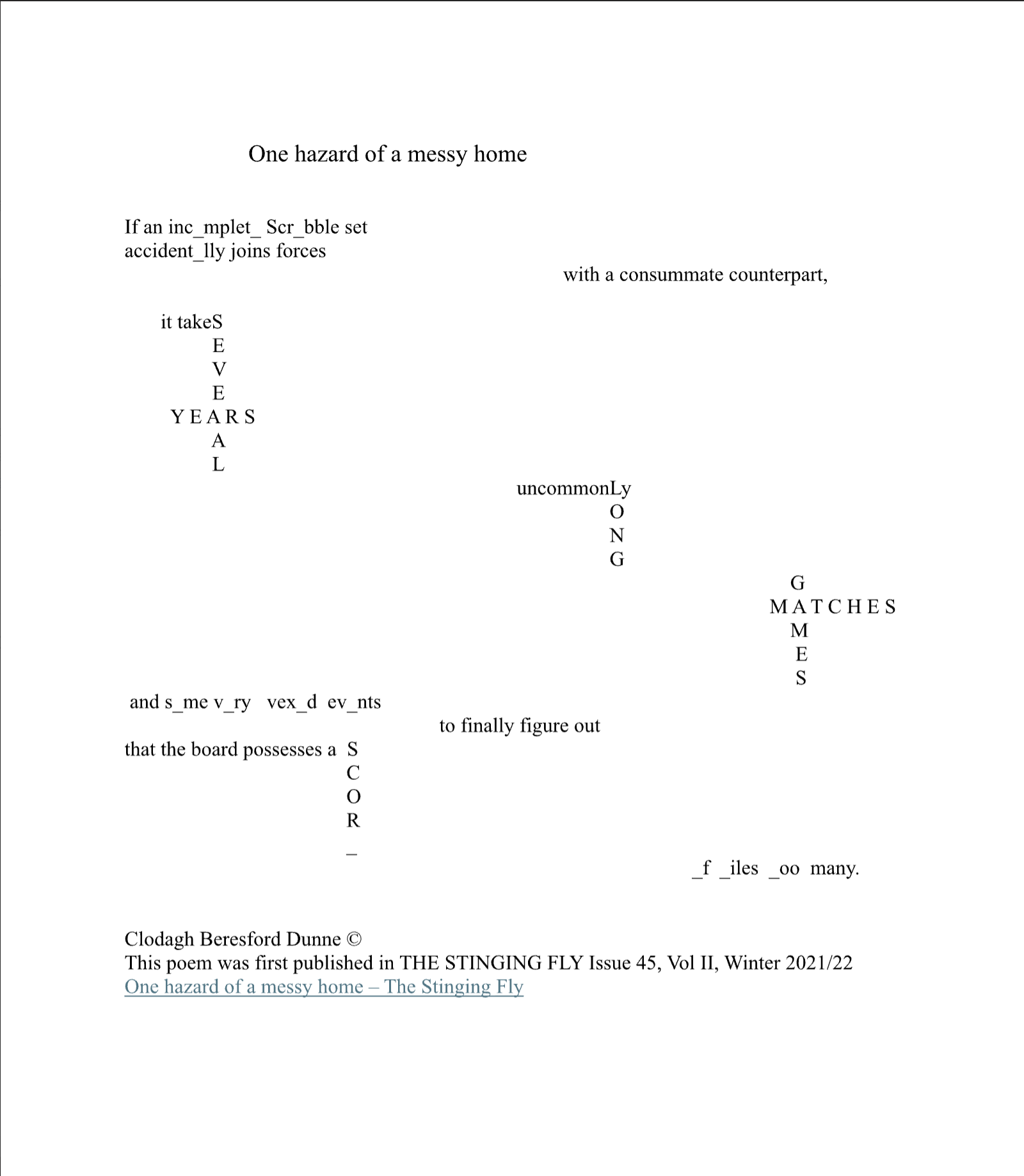 One Hazard of a Messy Home experimental visual poem by Clodagh Beresford Dunne, using typography and wordplay to explore family life and disorder.