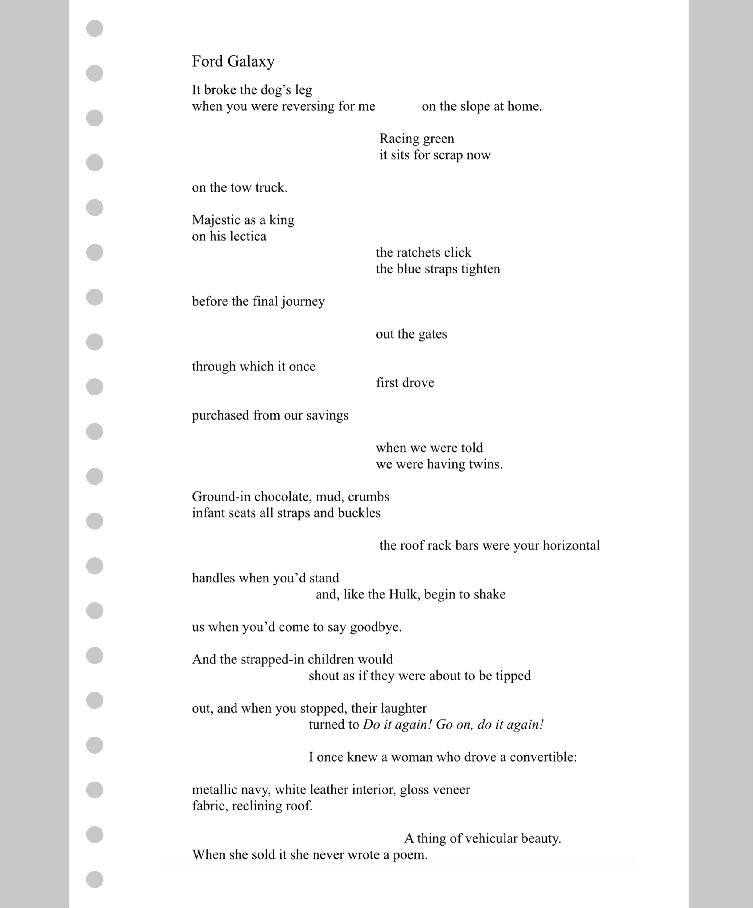 Ford Galaxy poem by Clodagh Beresford Dunne, a nostalgic family poem about memories, children and saying goodbye to a much-loved family car.
