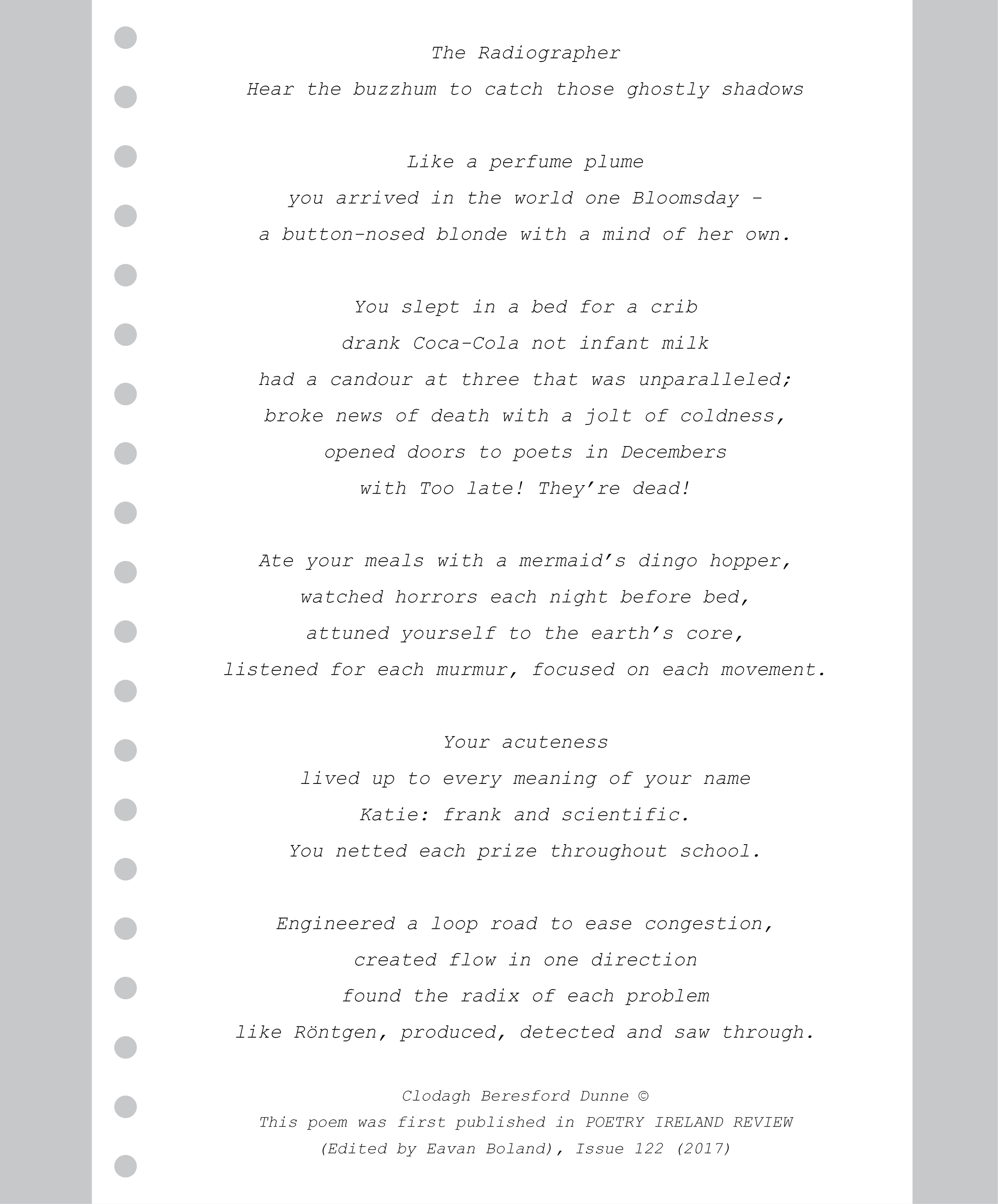 The Radiographer poem by Clodagh Beresford Dunne, a portrait of a radiographer named Katie exploring childhood, science, character and professional life.