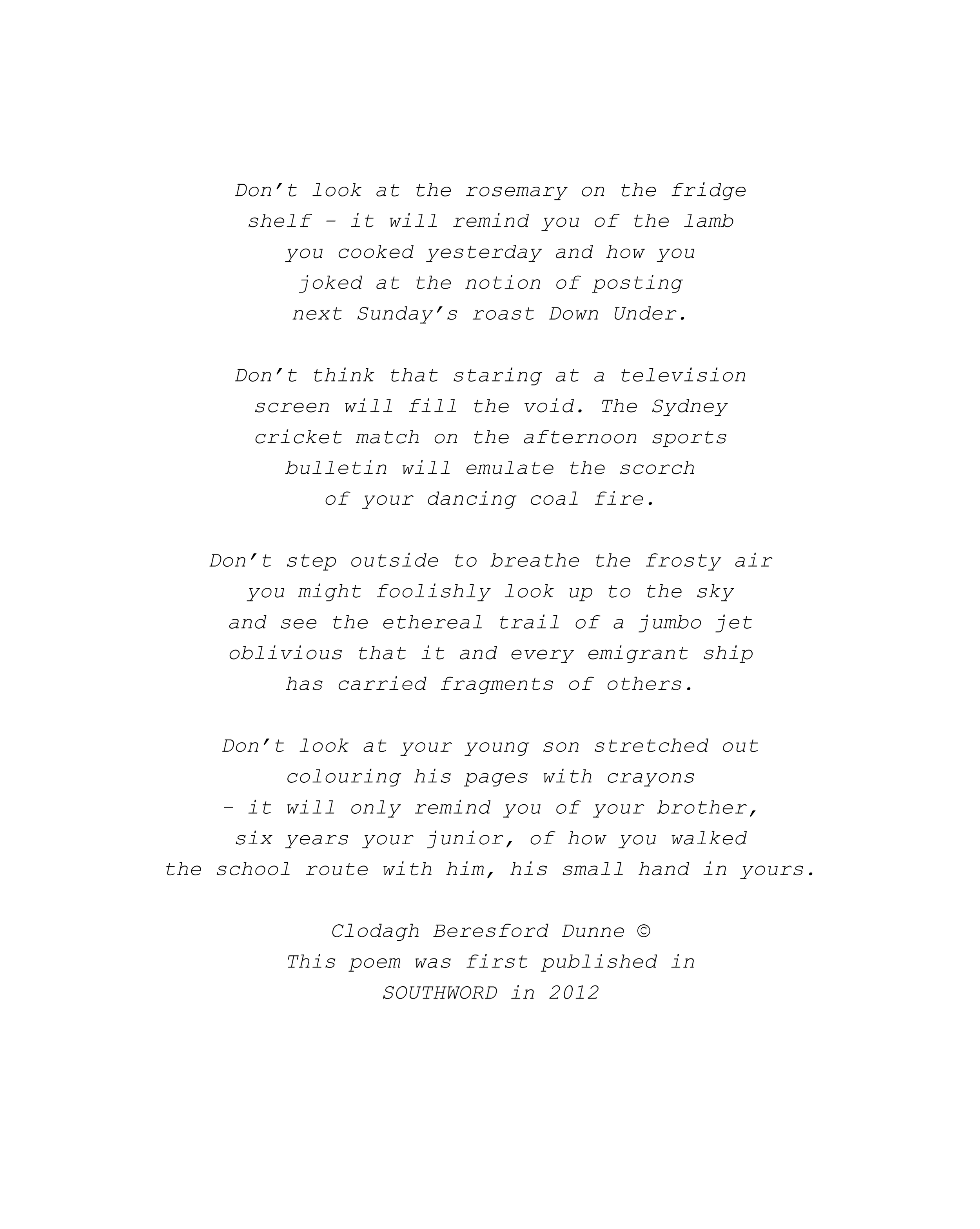 Brother poem by Irish poet Clodagh Beresford Dunne, exploring emigration, family memories, childhood and the enduring bond between siblings.