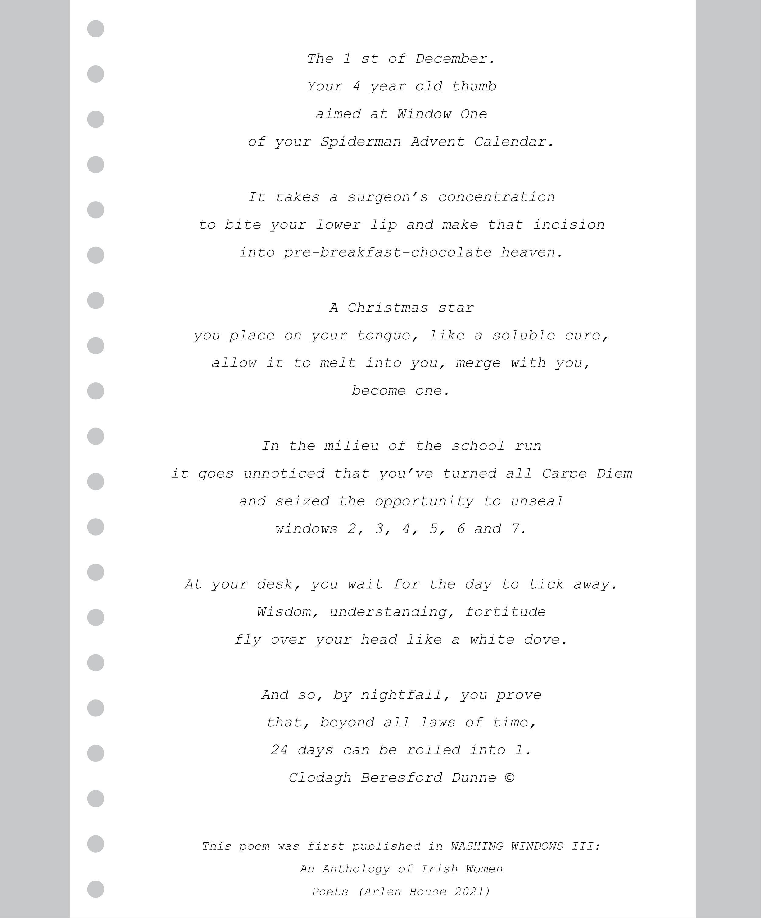 Chocolate Advent Calendar poem by Clodagh Beresford Dunne, capturing childhood excitement, family life and the anticipation of Christmas.