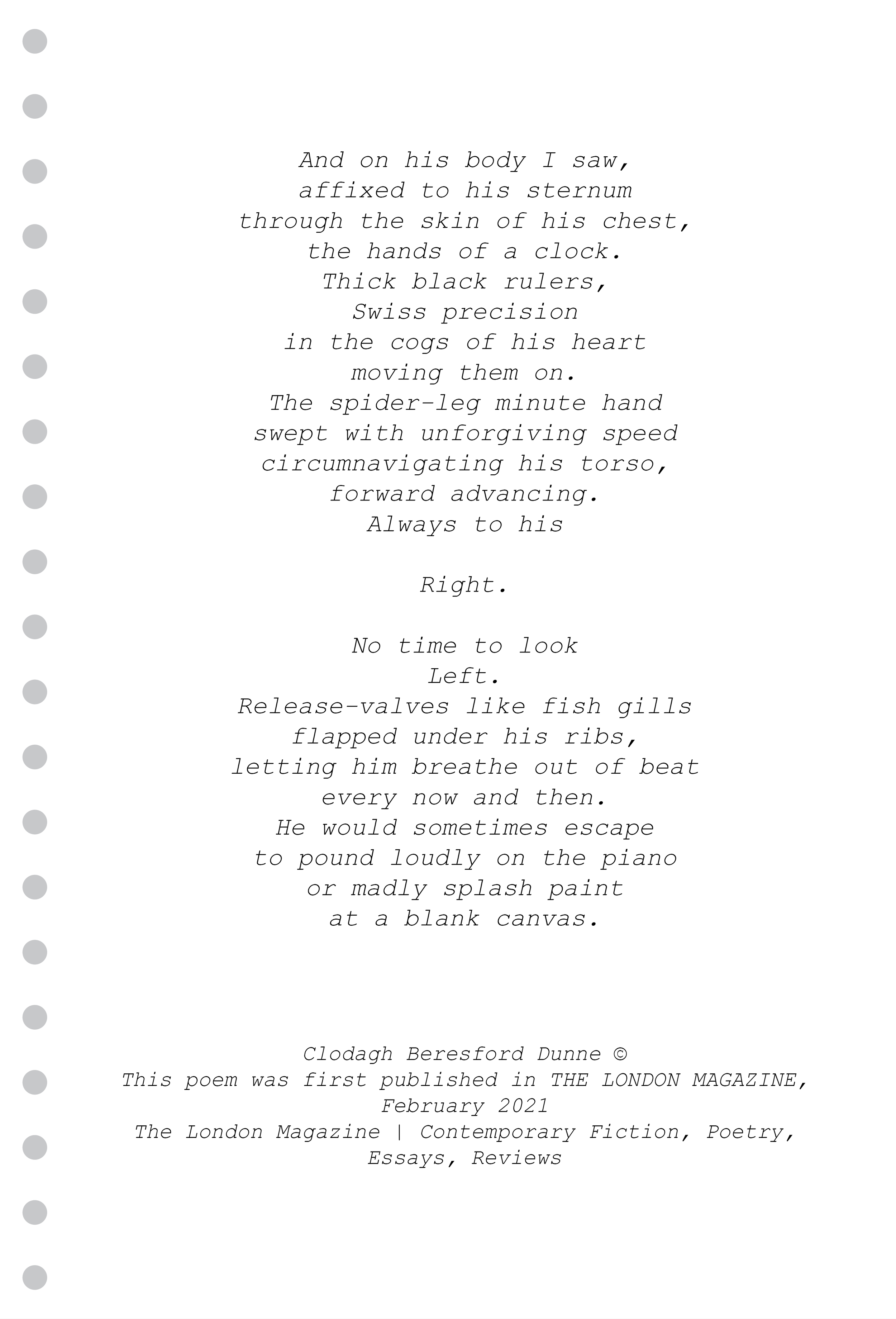 Tempus poem by Clodagh Beresford Dunne, exploring time, mortality, creativity and the human heart through vivid clockwork imagery.