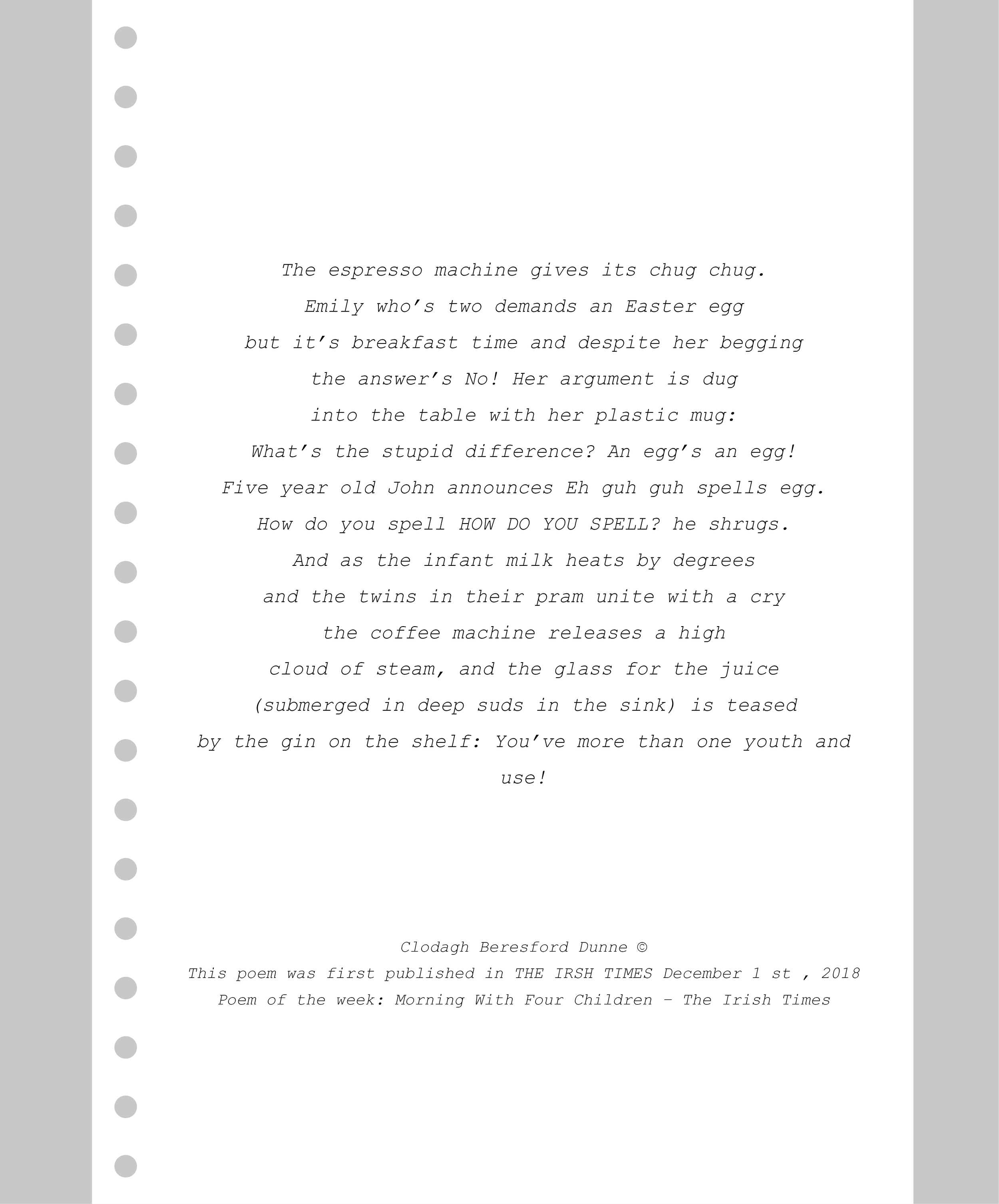 Morning With Four Children poem by Clodagh Beresford Dunne, portraying the humour, noise and everyday chaos of family life with young children.