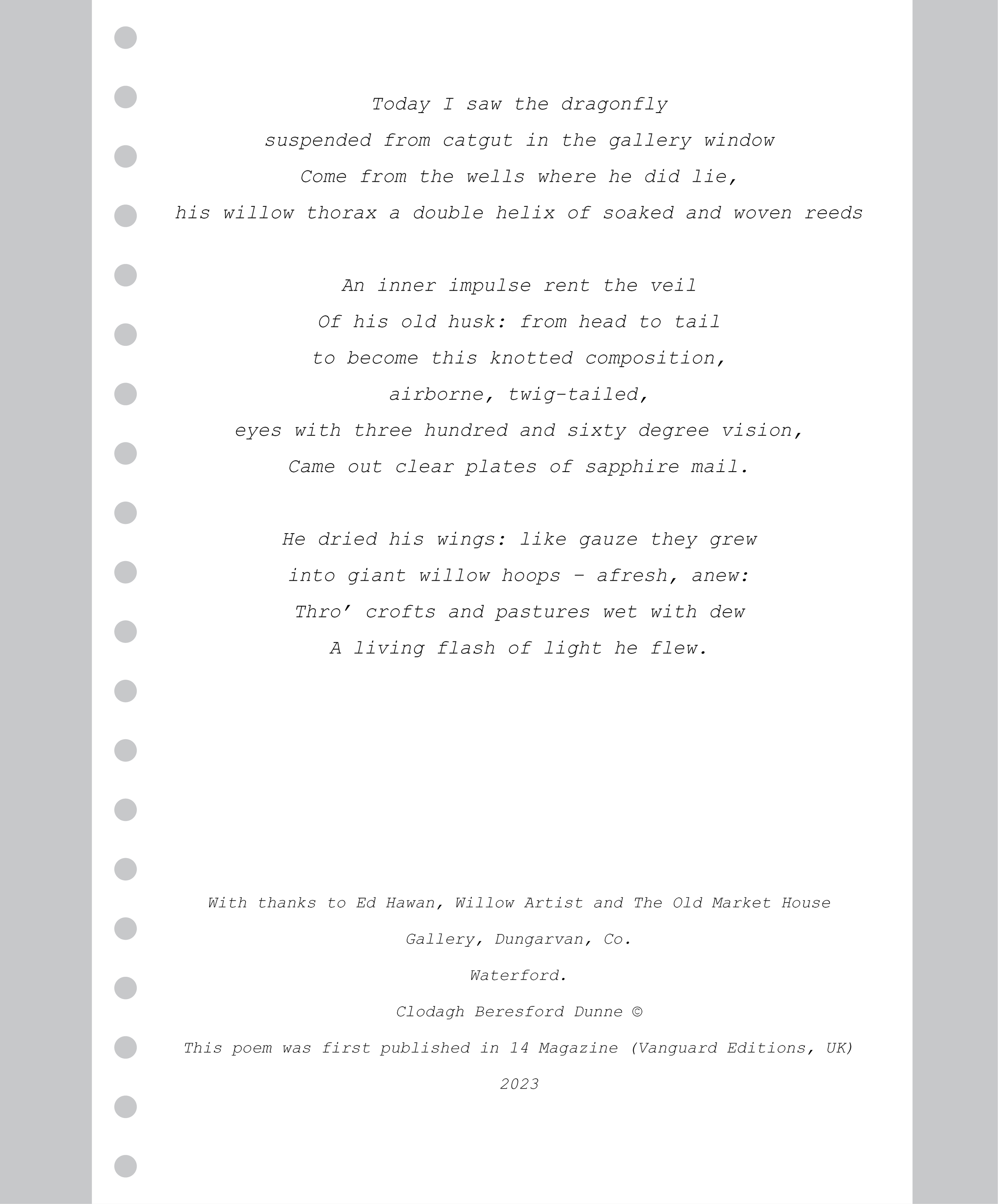 This Dragonfly Emerges poem by Clodagh Beresford Dunne, inspired by willow art, nature and the transformation of a dragonfly.