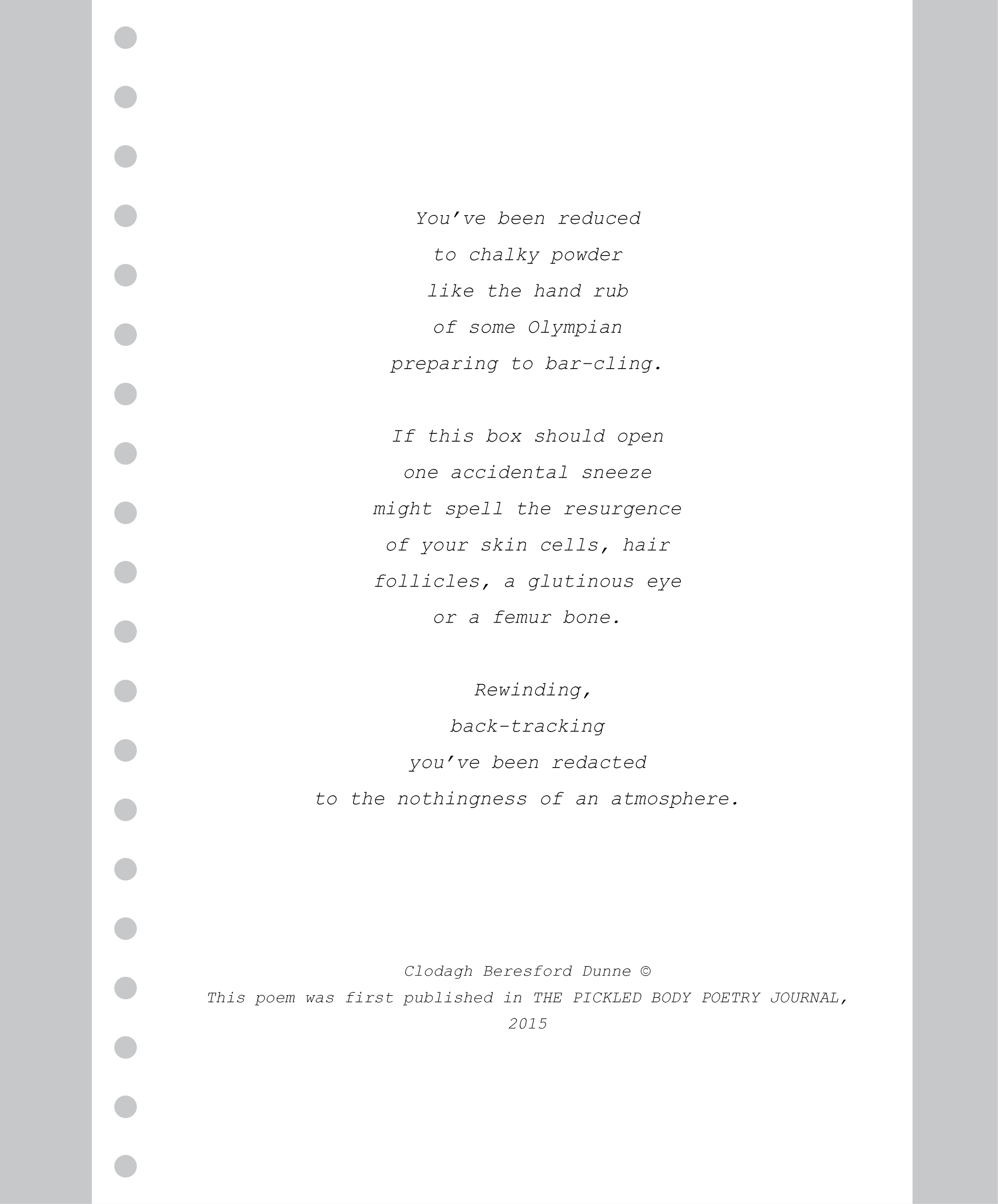 Second page of You Have Become the Hand by Clodagh Beresford Dunne, reflecting on ashes, cremation, bodily mortality, disappearance and grief.
