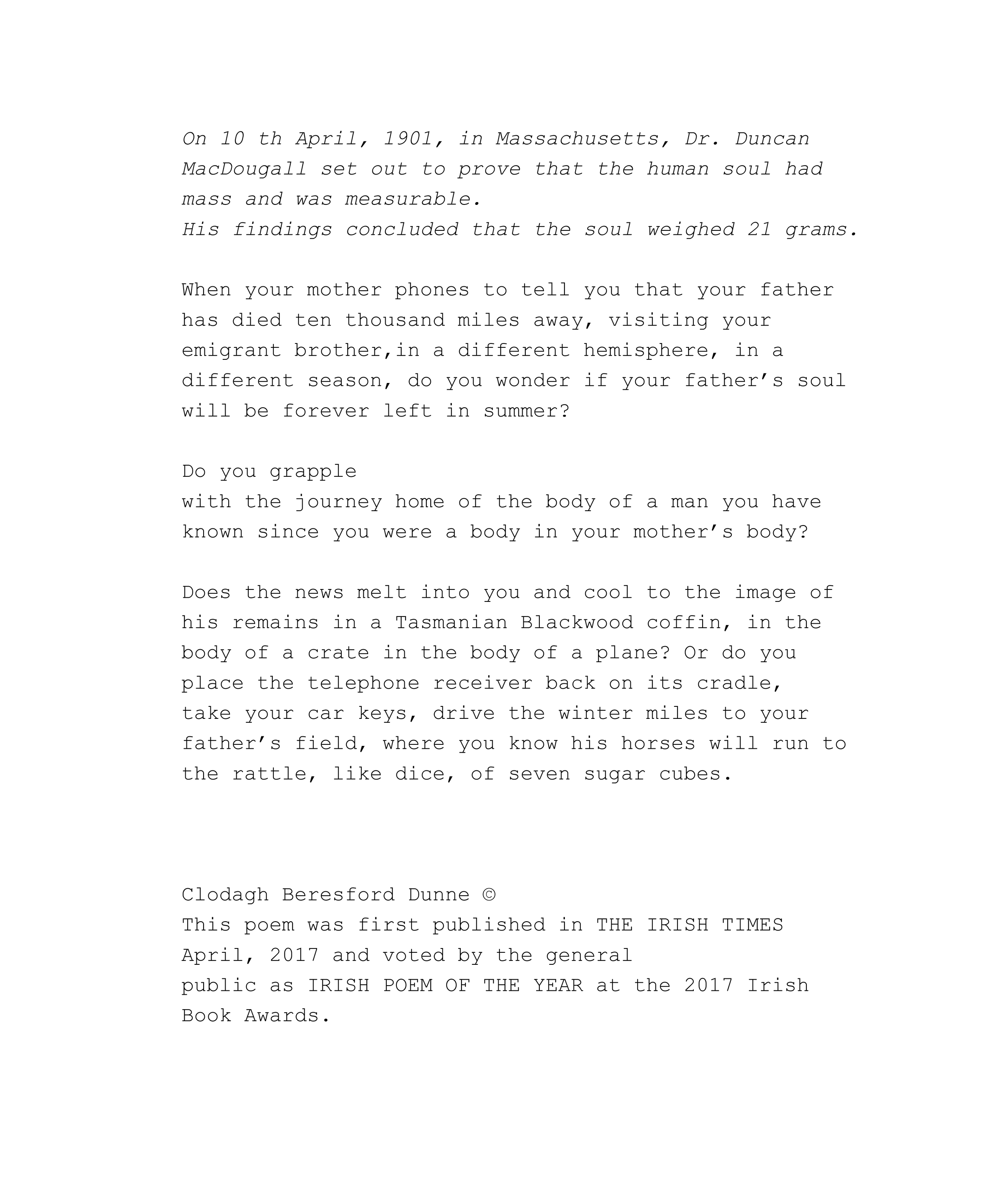 Seven Sugar Cubes poem by Clodagh Beresford Dunne, exploring the death of her father, grief, emigration, homecoming and family memory.