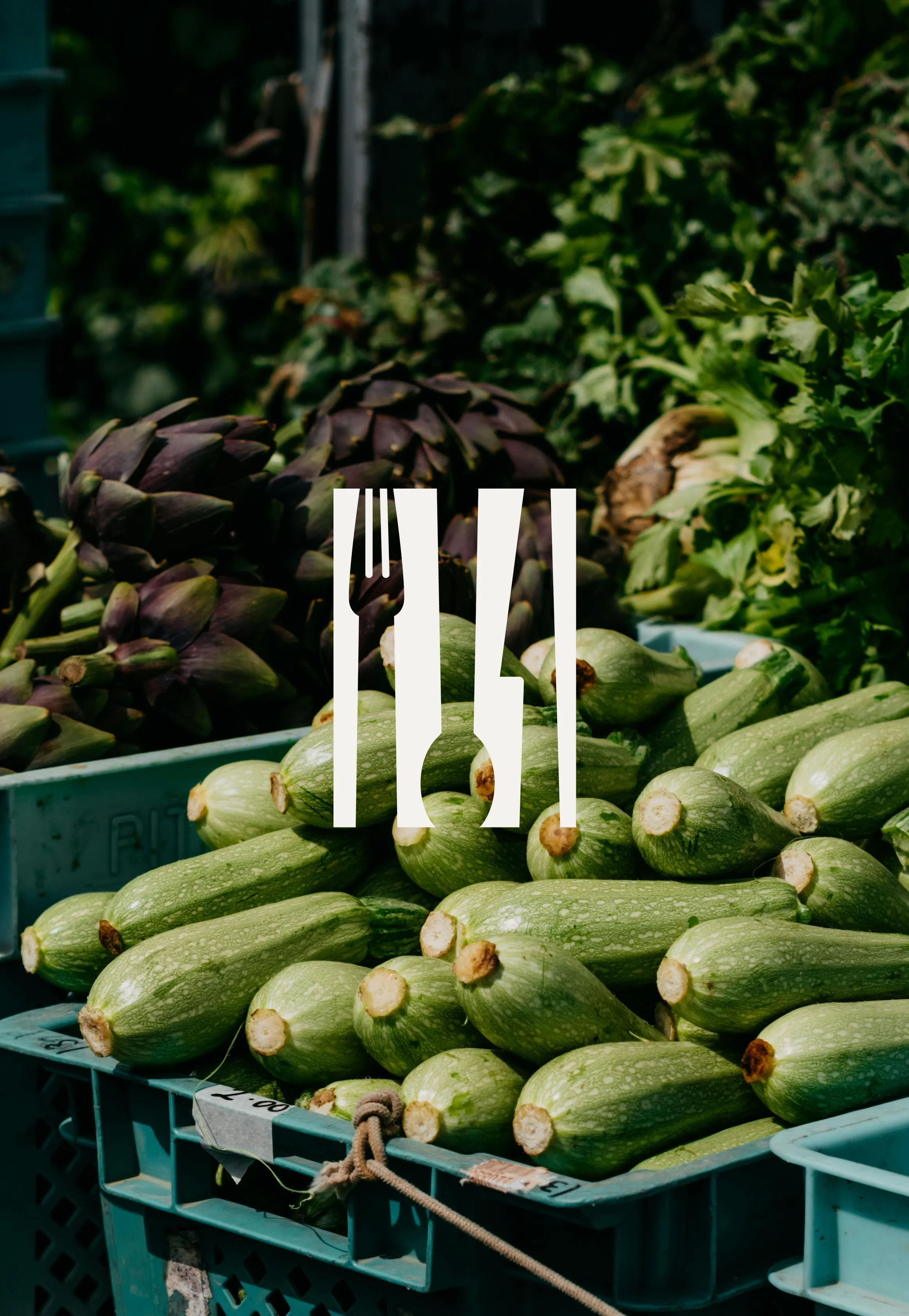 Fresh zucchinis in a market basket with artichokes and leafy greens in the background.