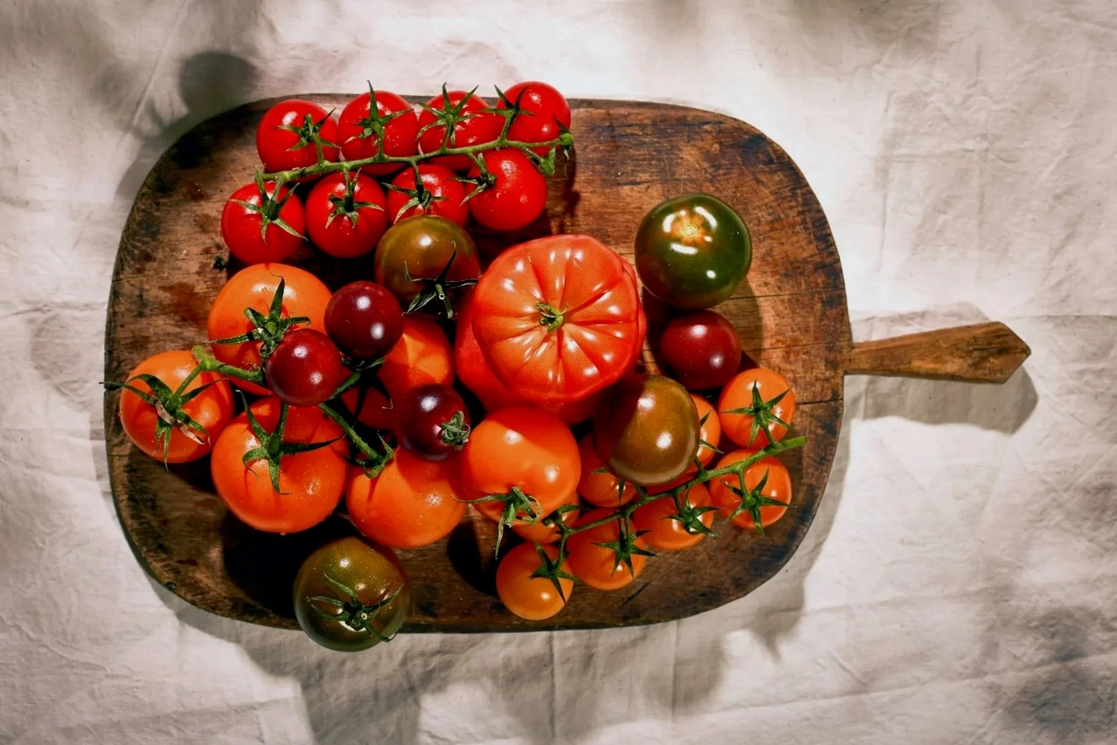 Assorted heirloom tomatoes on a wooden cutting board