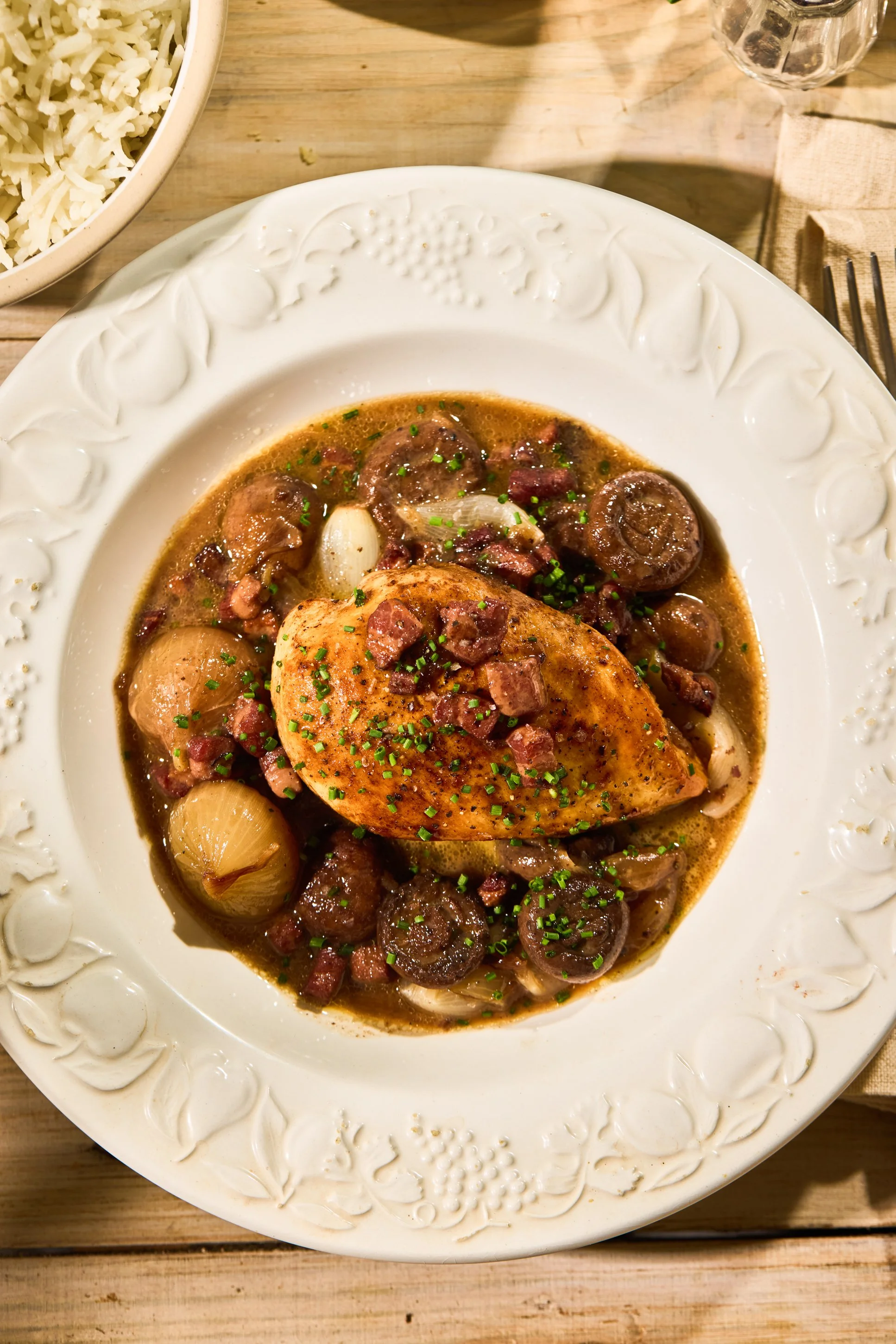 Coq au vin - slow cooked chicken in red wine sauce