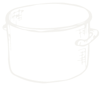 Black and white line drawing of a cooking pot with handles and measurement markings.