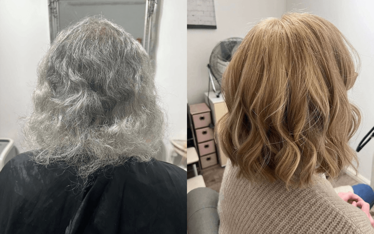 Comparison of a person's hair before and after a haircut and styling. Left side shows gray, curly, unstyled hair; right side shows shoulder-length, styled, light brown hair with loose waves.
