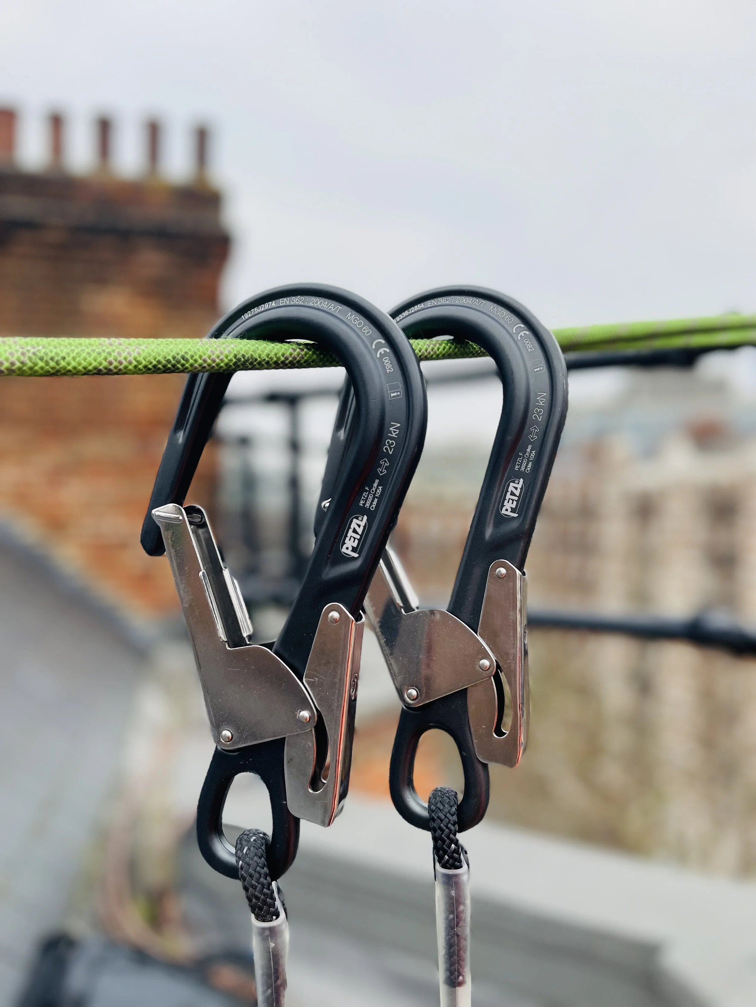 Climbing gear with two black carabiners attached to a green climbing rope.
