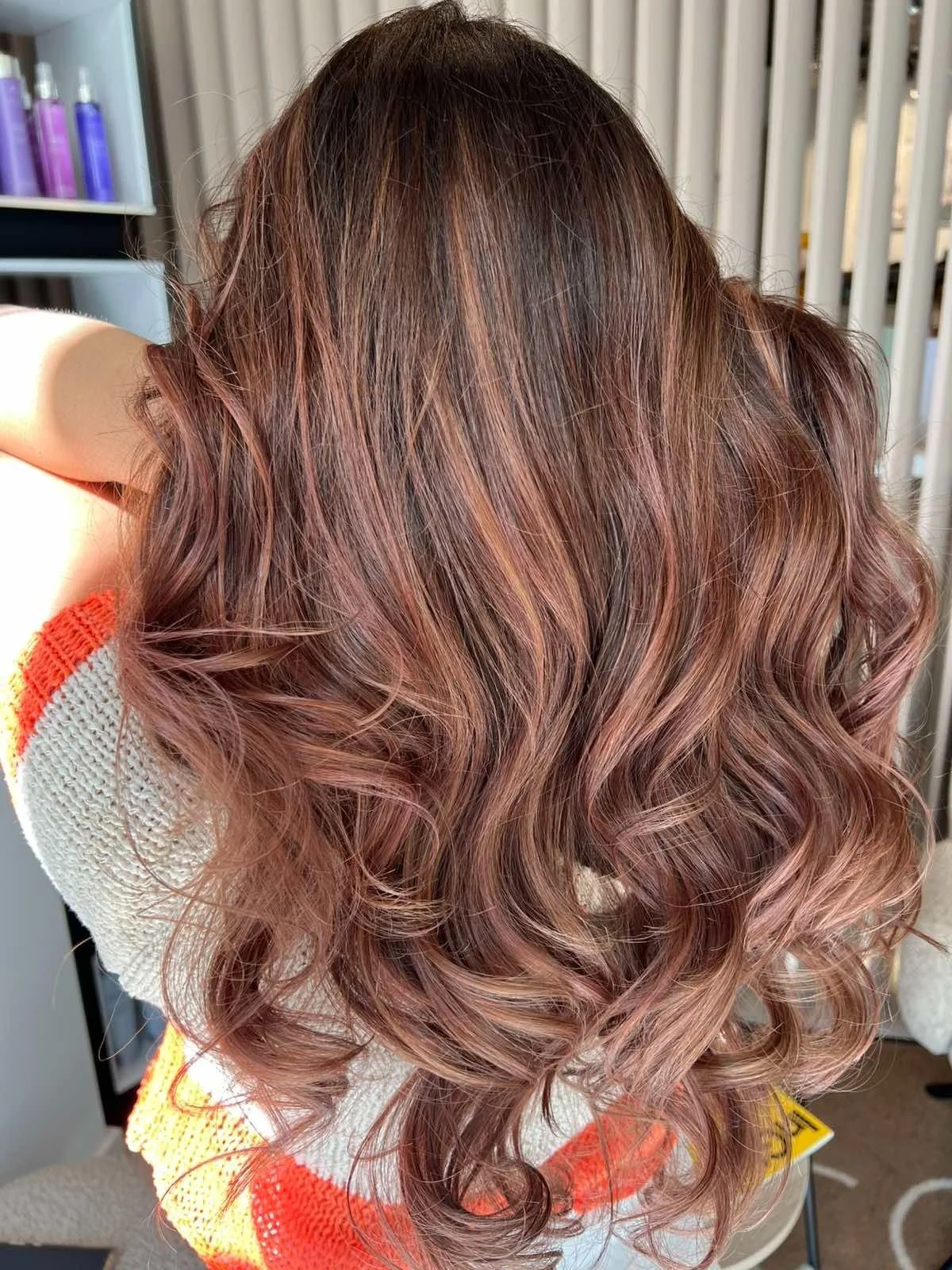 A woman with wavy, long hair dyed in a gradient of brown and pink shades, with some blonde highlights.