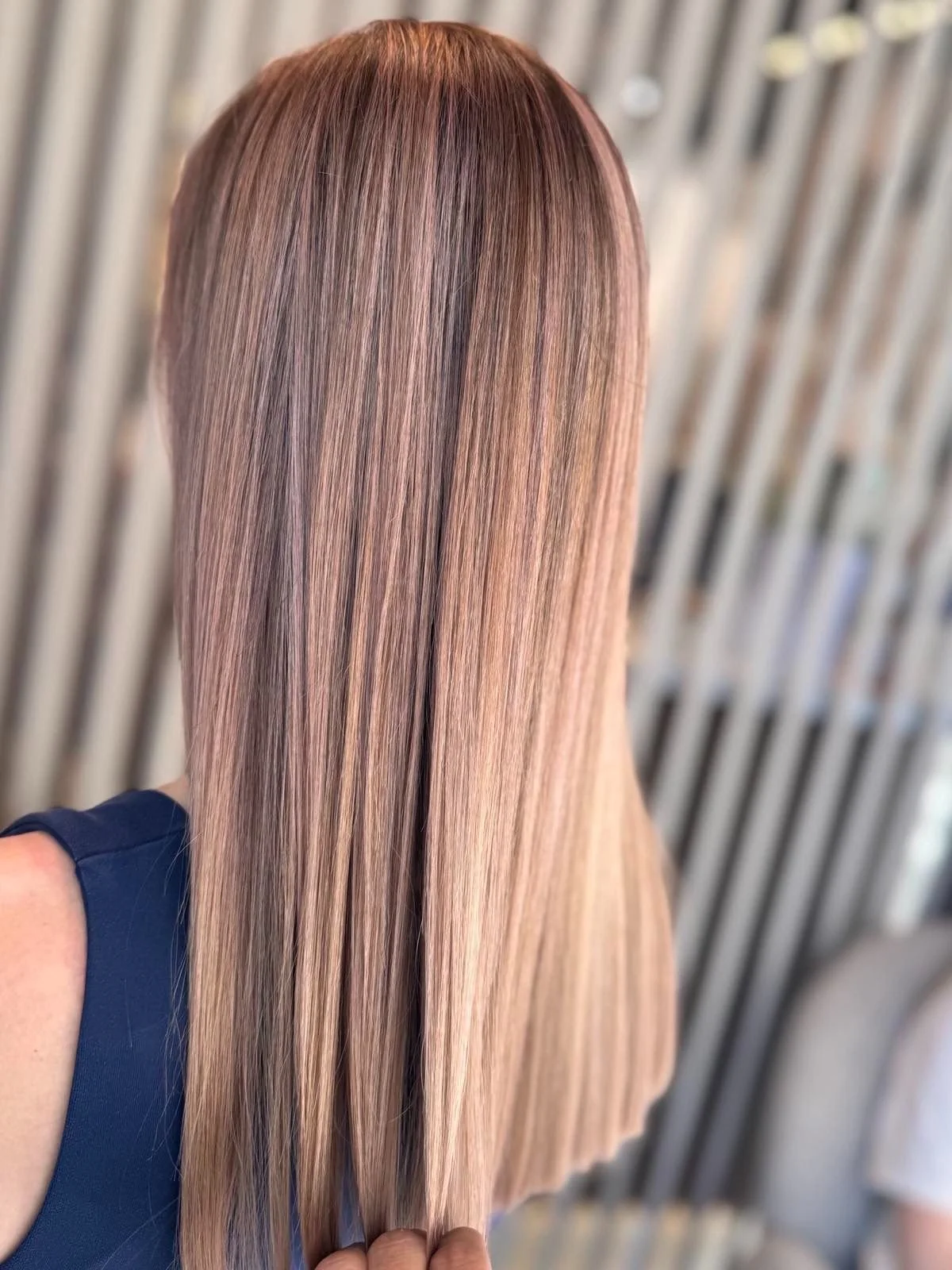 Back of a person's head with long, straight, shiny hair in light brown or blonde shades.
