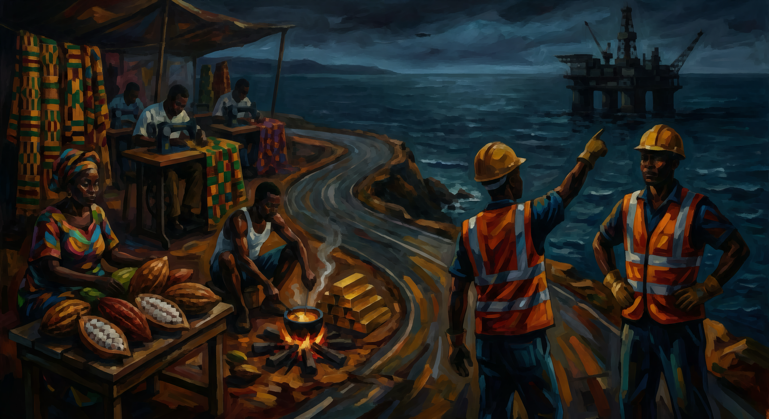 A painting of a coastal scene with workers and vendors. On the left, a woman in colorful clothing sits near a table with cocoa pods and some wrapped chocolates. Behind her, women are sewing brightly patterned fabric under a canopy. In the center, a man is cooking over a small fire on a rocky path. To the right, two construction workers in orange vests and helmets are discussing while overlooking the sea, which features an oil rig in the background on the water.