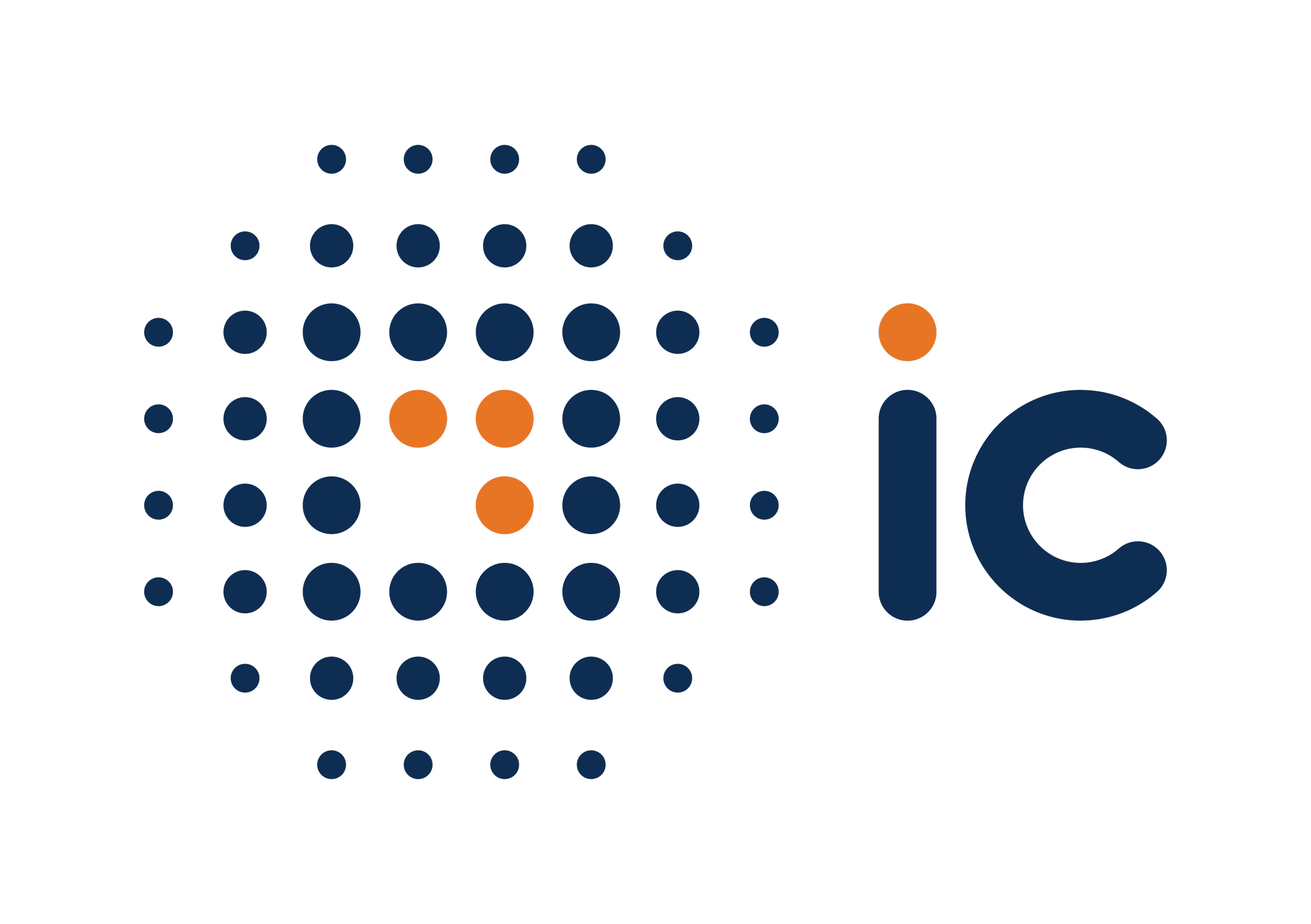 Illustrated map of Illinois with dots representing counties, some colored orange, and adjacent to the letters 'IC' in blue.