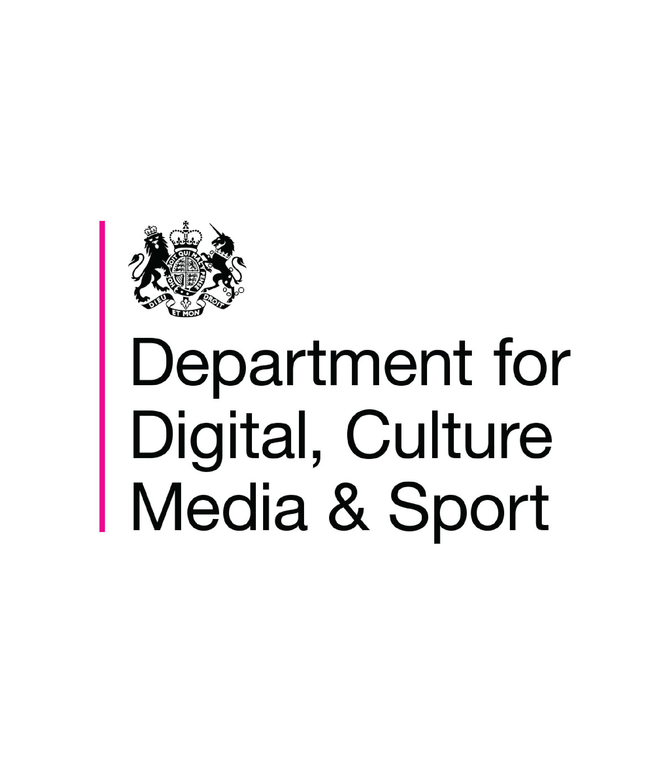 Logo of the UK Department for Digital, Culture, Media & Sport with a black and white crest and the department name in black text on a white background, bordered by a pink line on the left.