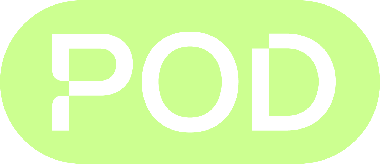 Green oval with the word 'POD' written in black uppercase letters inside