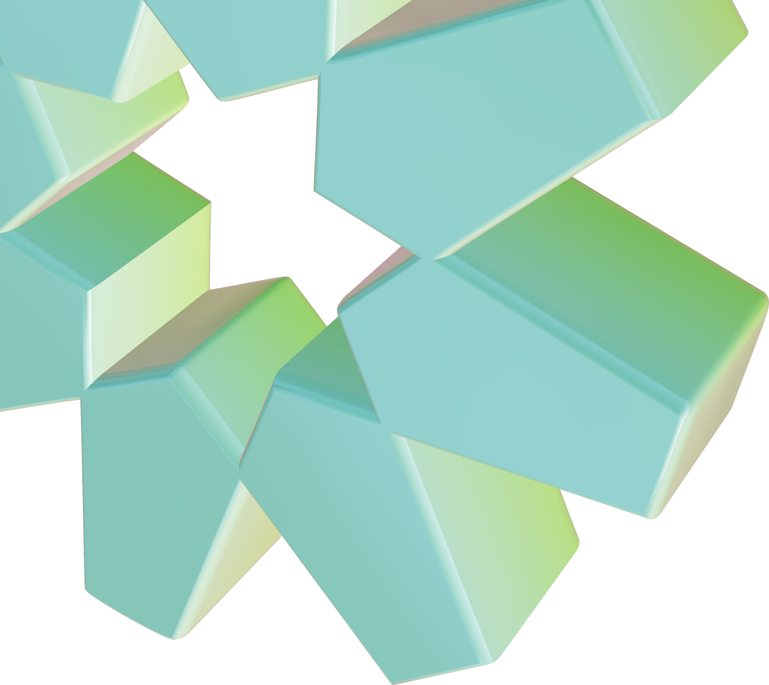 Colorful three-dimensional star sculpture made of rectangular blocks in green, light blue, and cream colors.