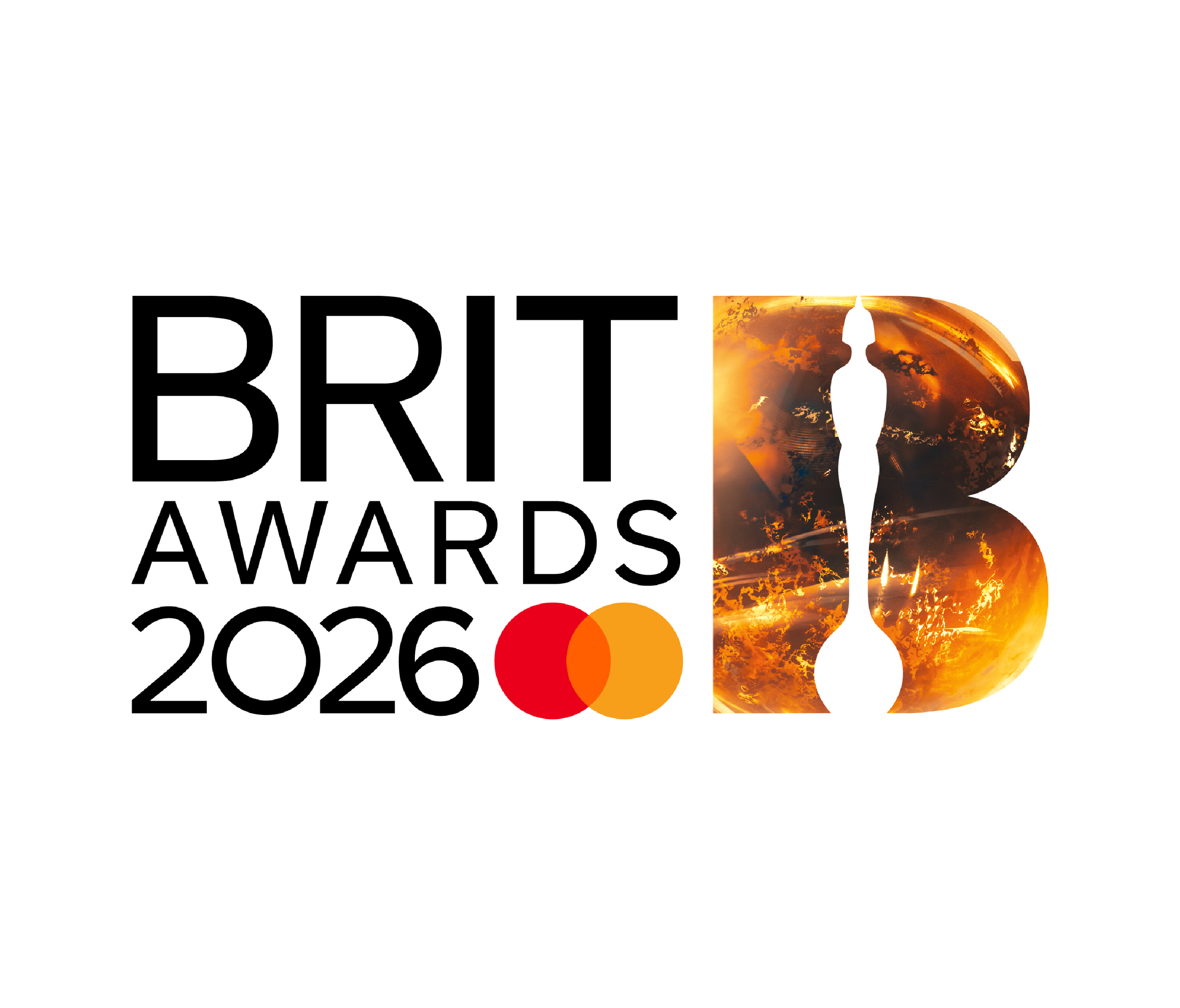 Logo for the 2026 Britain Awards with a black and white background, the text 'BRIT AWARDS 2026' with the Mastercard logo, and a large stylized number 3 filled with an orange, fiery globe.