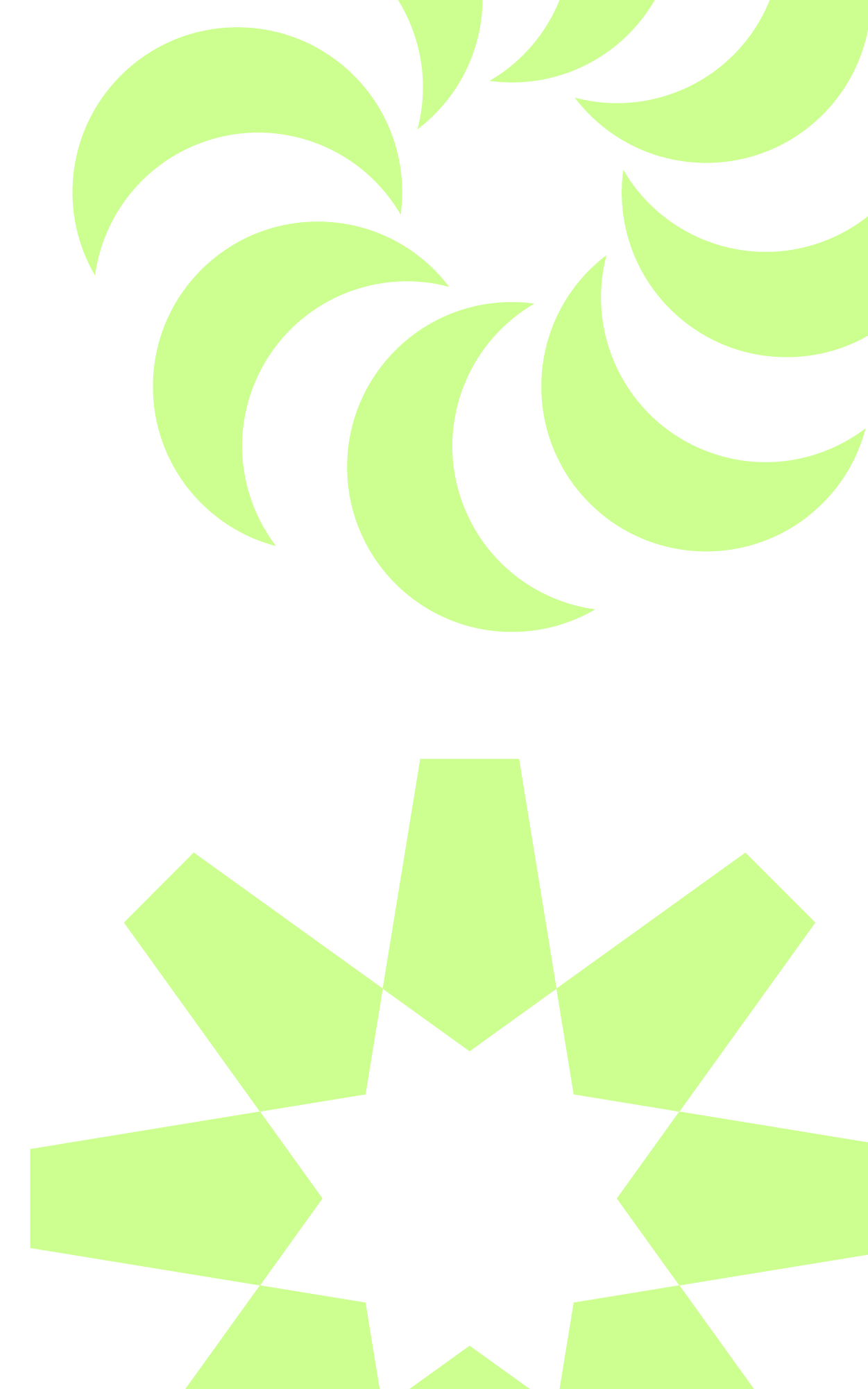 Abstract geometric design with lime green shapes on a black background, featuring a swirl of layered crescent shapes at the top and a radiating starburst pattern at the bottom.