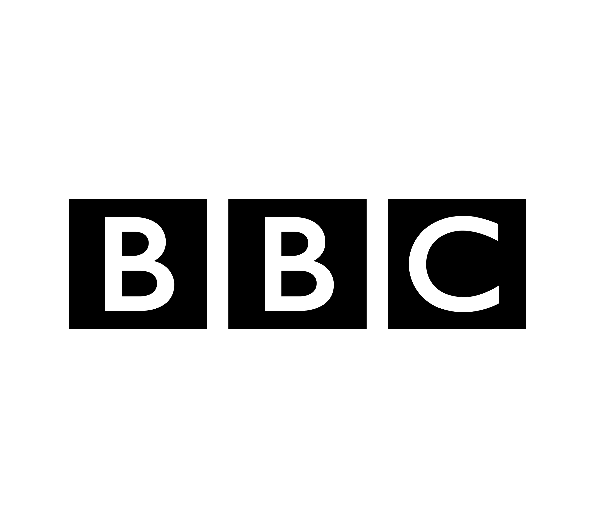 The image shows the BBC logo in black and white with three letters B, B, and C inside individual square boxes, labeled as 'BBC' in a simple, clean font.