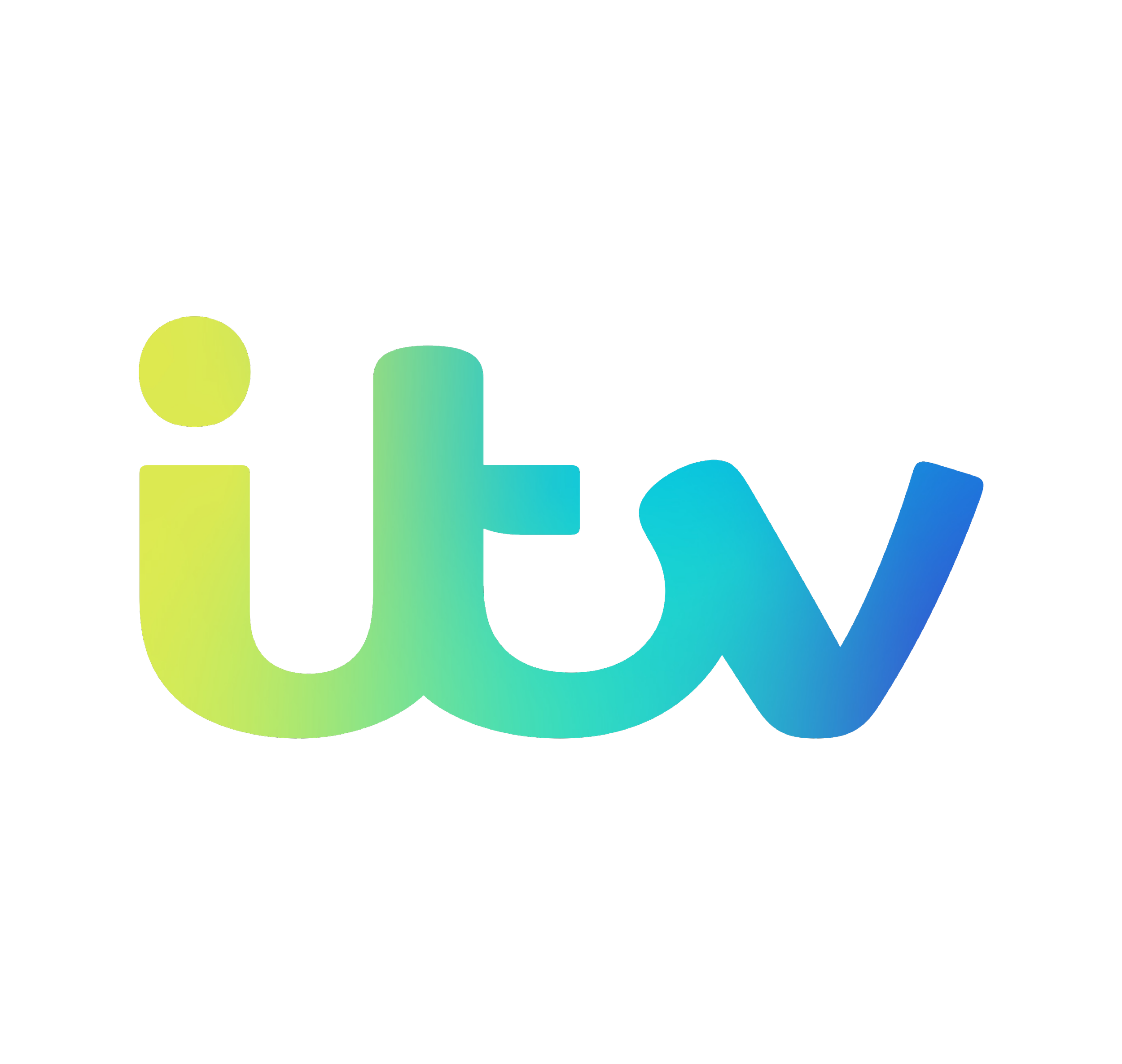 Color gradient ITV logo with green, yellow, and blue hues.