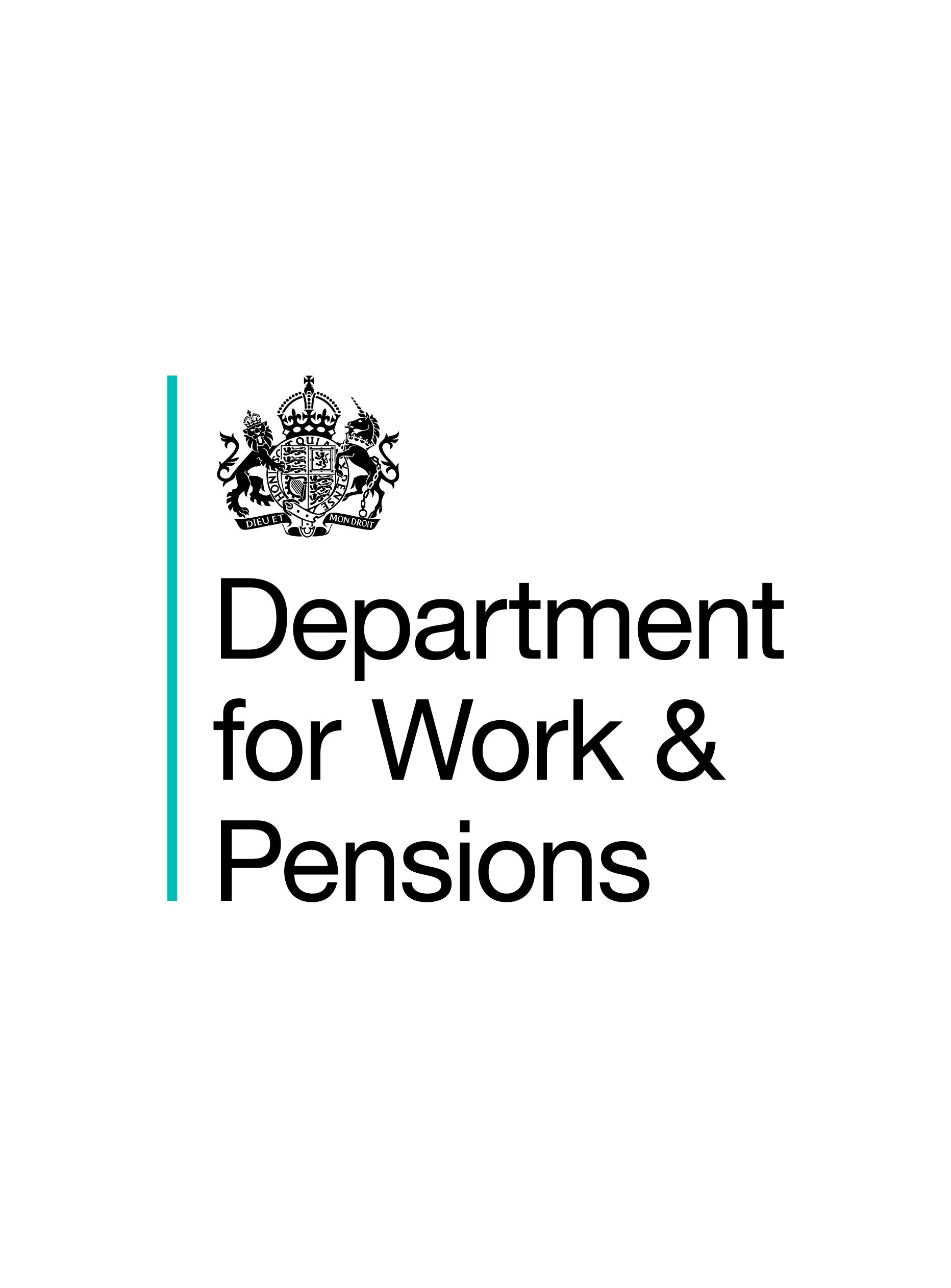 Logo of the UK Department for Work & Pensions with a black and white crest and the department name in black text on a white background, bordered by a blue line on the left.