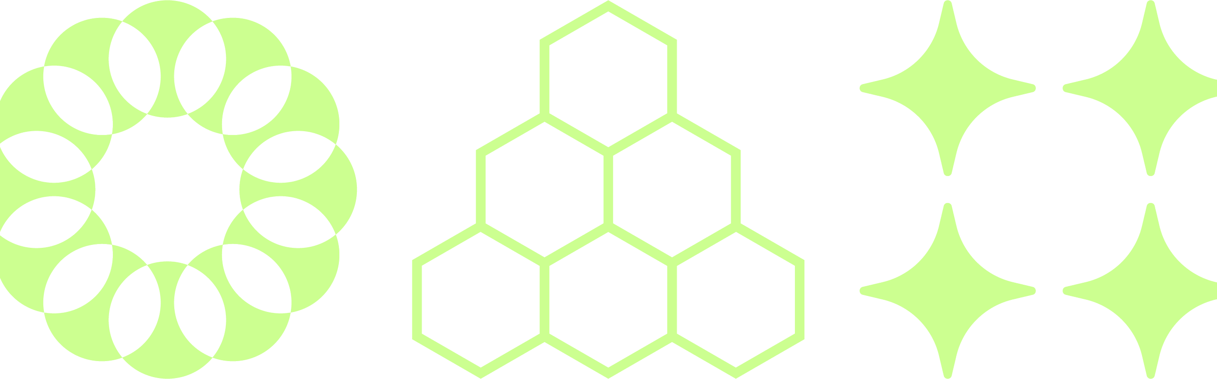 Illustration of chemical structures with three distinct parts: a circular structure with green and black sections on the left, a honeycomb-like hexagonal pattern in the middle, and a repeating pattern of green four-point shapes on the right.