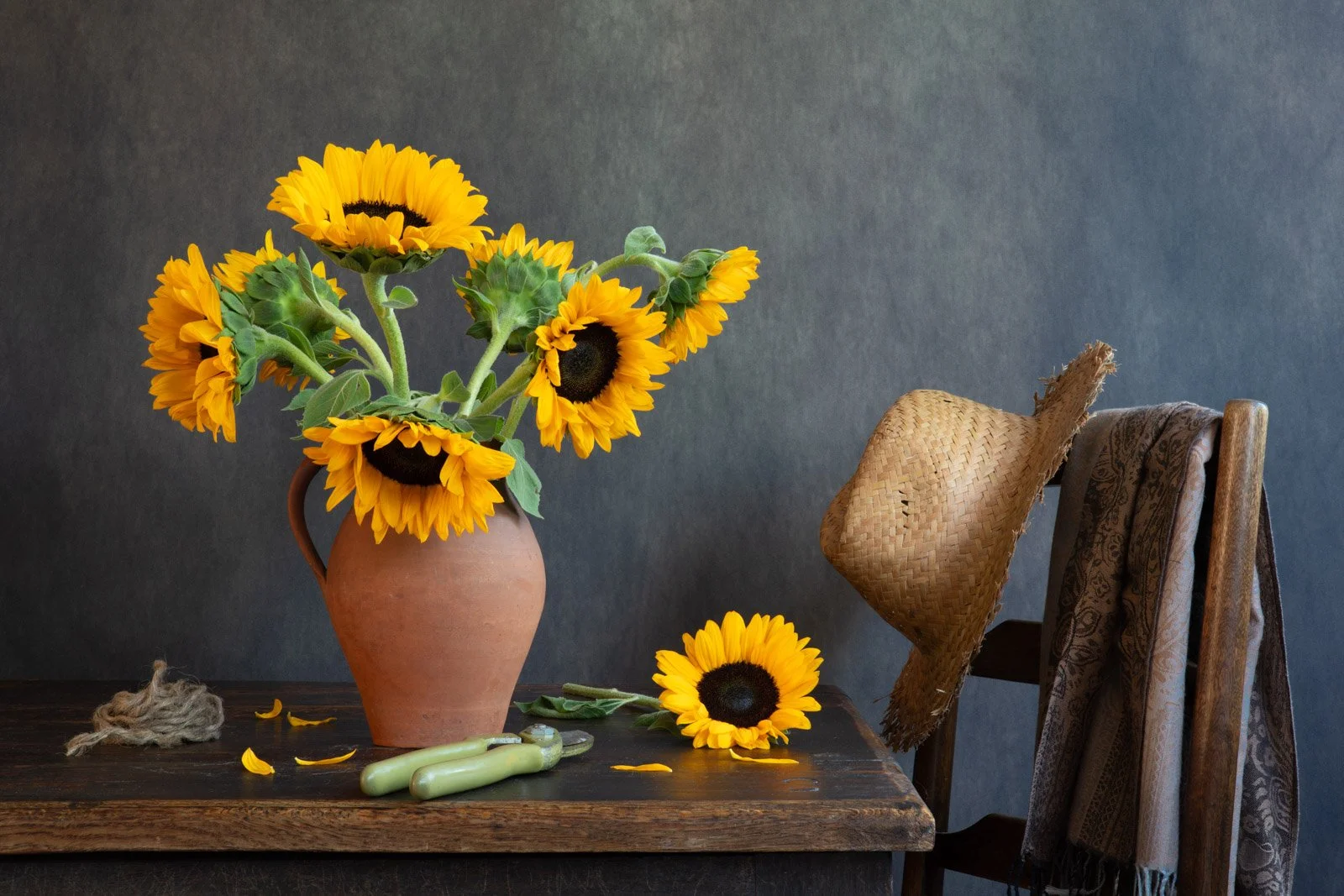 Still Life of Sunflowers, Sunhat and shawl, Van Gogh references, photographed by Wendy Akers