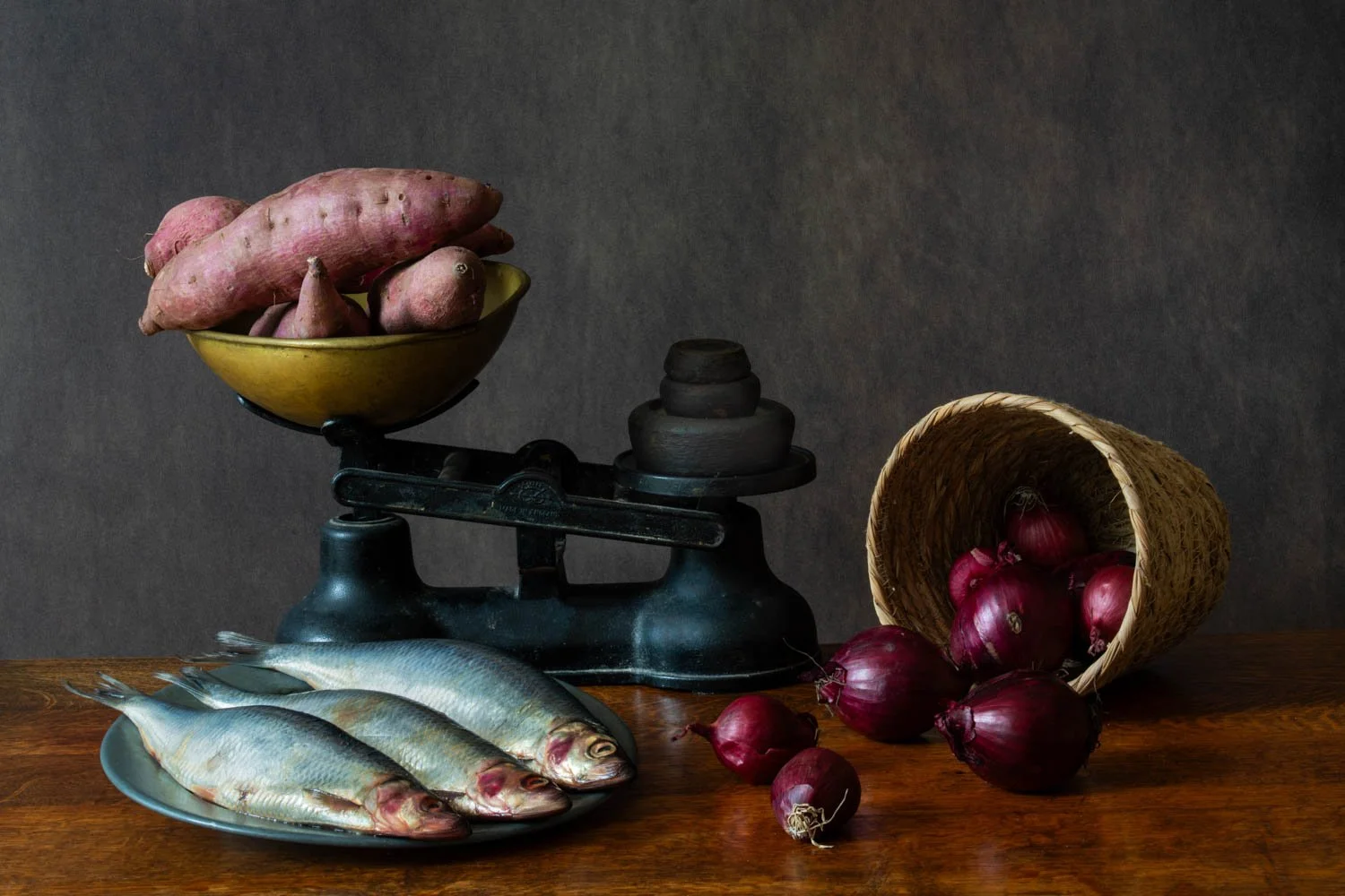 Still Life Sardines, sweet potatoes and red onions, photographed by Wendy Akers