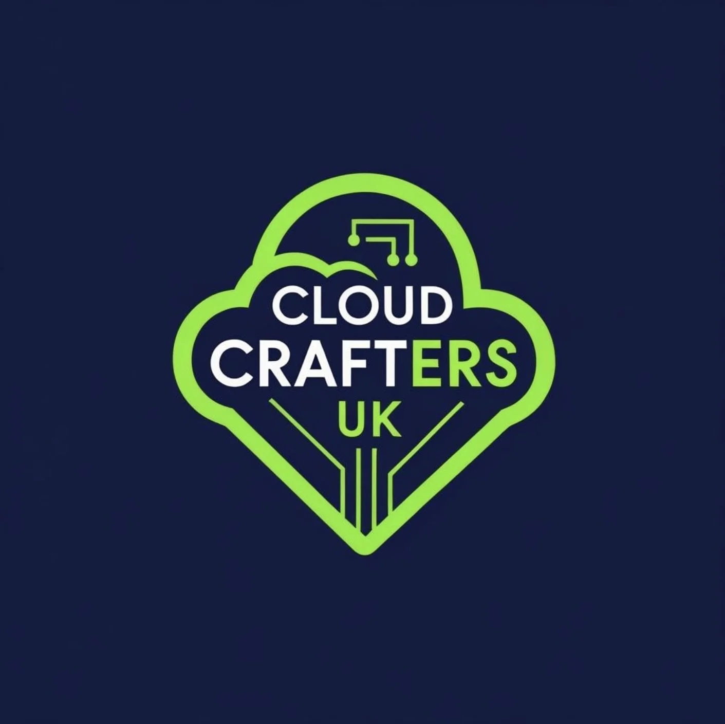 Logo for Cloud Crafters UK, featuring a green cloud outline around a neon sign style text with a circuit design incorporated.