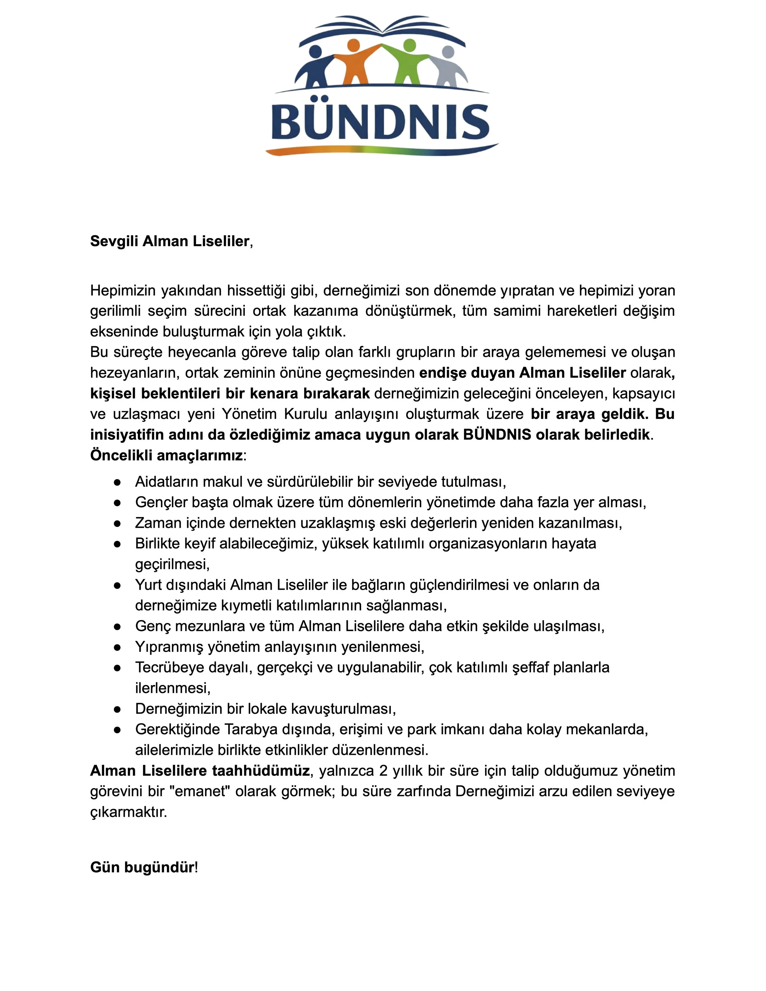 BÜNDNİS logosu ve Alman Liseliler Derneği'nin amaç ve hedeflerini anlatan bir bildiri.