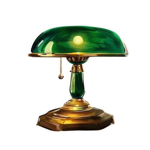 A vintage green banker's desk lamp with a gold base and a pull chain switch.