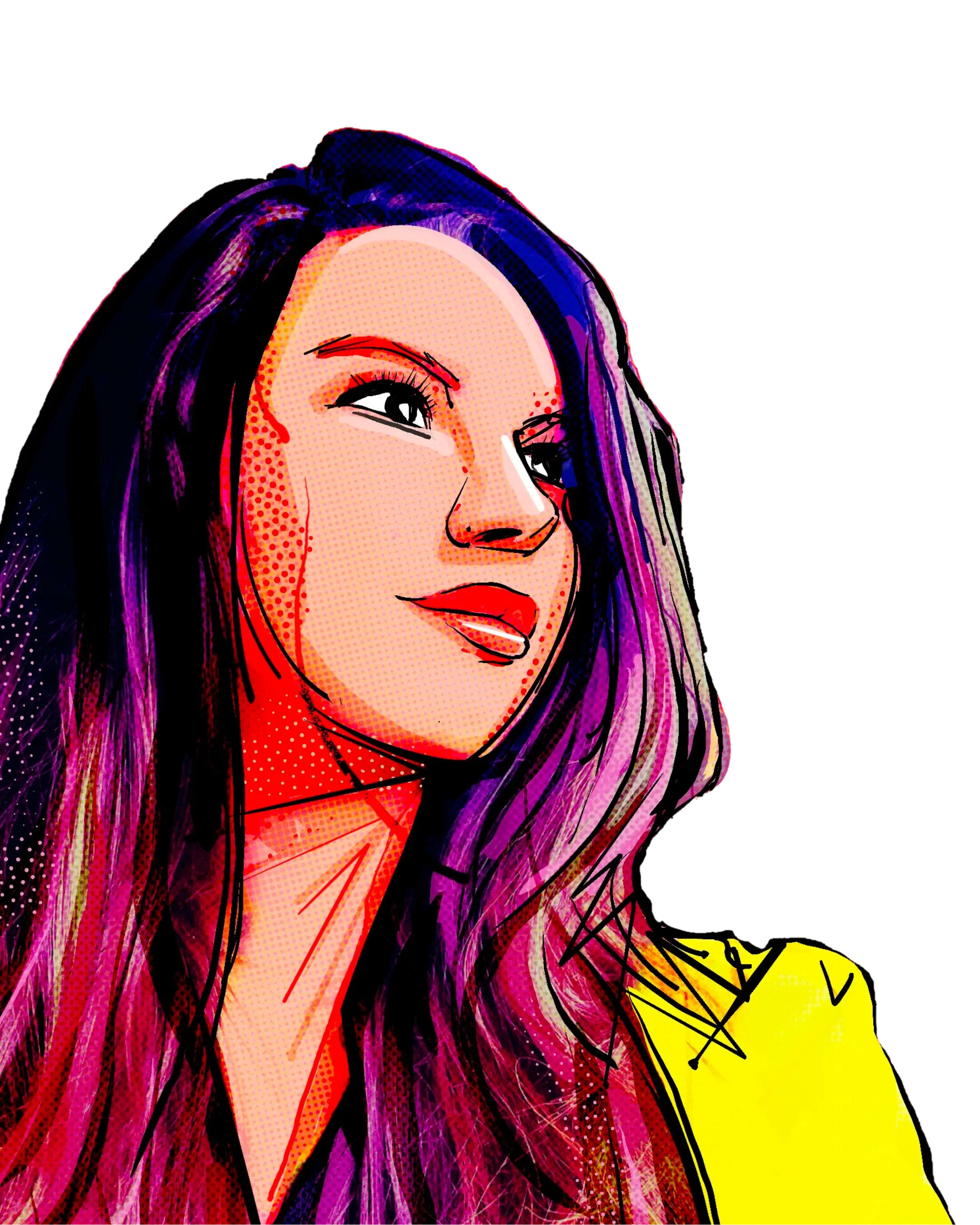 Digital art portrait of a woman with long purple hair with pink highlights, wearing a yellow top, and winking