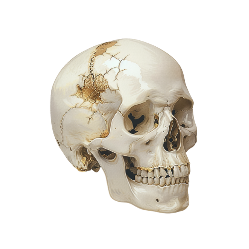 A human skull with visible cracks and detailed anatomy, set against a yellow and black background.